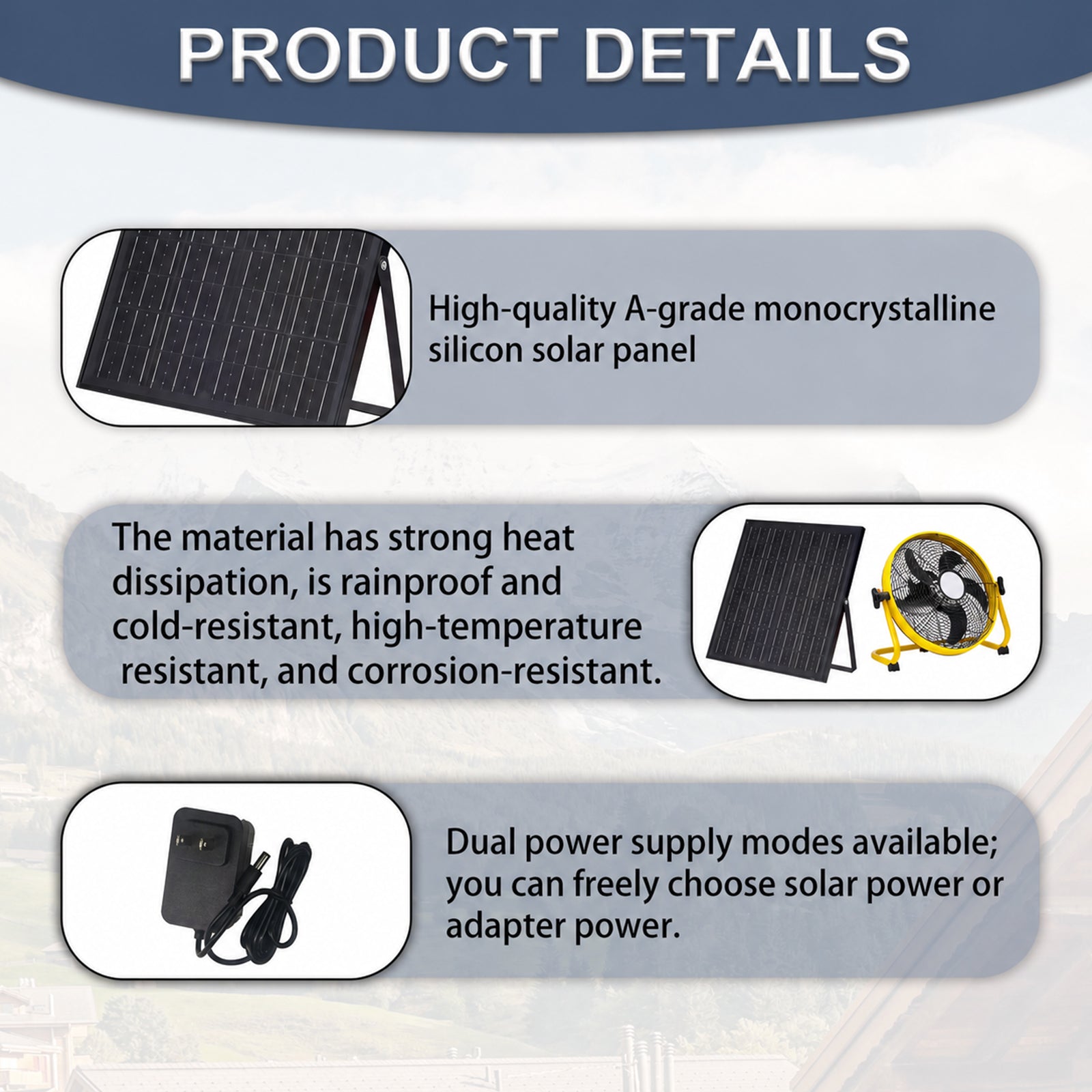 12" Yellow Solar Rechargeable Floor Fan,30W Adjustable Monocrystalline Solar Panel,Built-in 1500mAh Battery,3-Speed Remote Dual Power Fan for Home Room,Backyard Camping & Greenhouse image 5