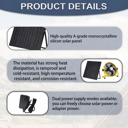 12" Yellow Solar Rechargeable Floor Fan,30W Adjustable Monocrystalline Solar Panel,Built-in 1500mAh Battery,3-Speed Remote Dual Power Fan for Home Room,Backyard Camping & Greenhouse image 5