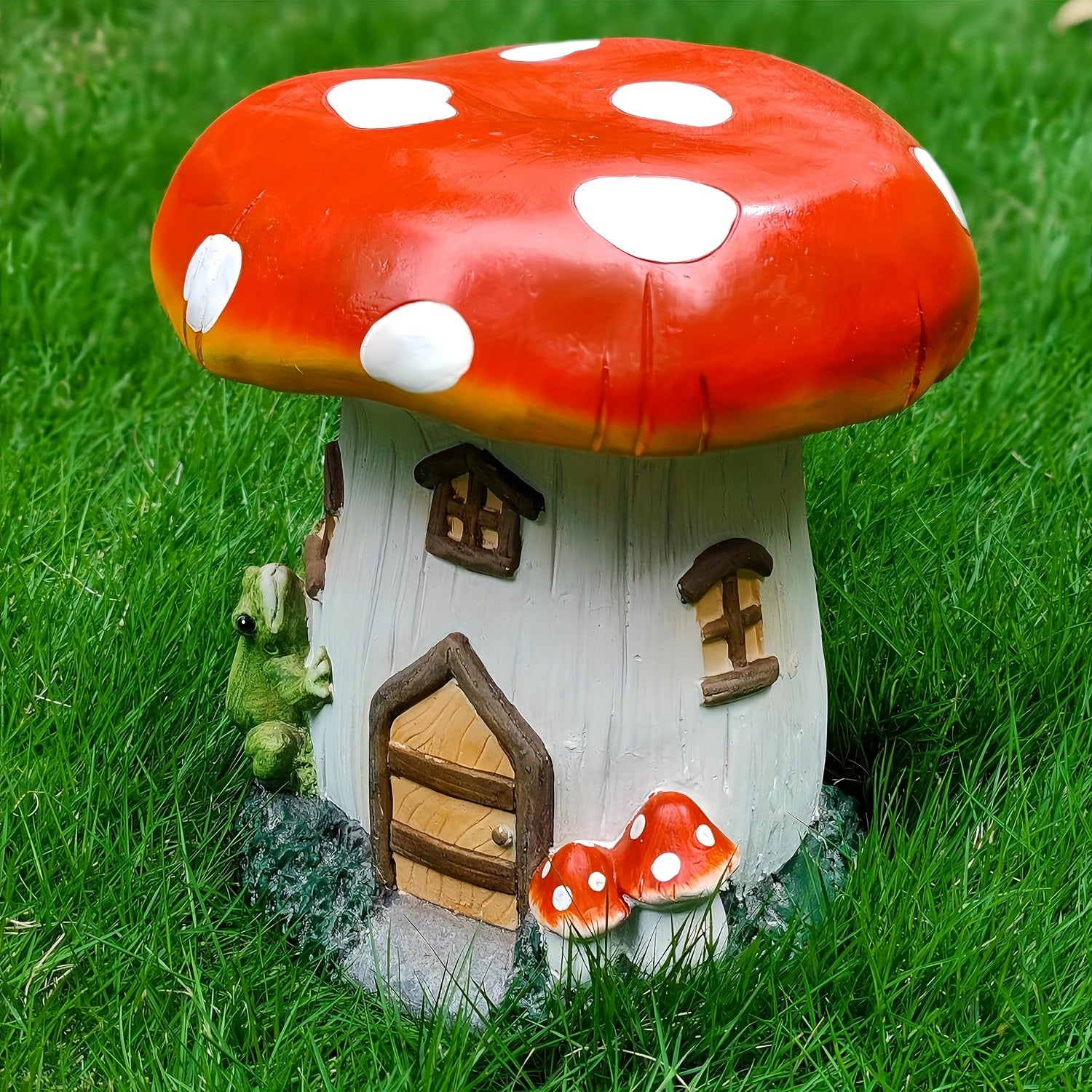 Mushroom house garden stool side view showing intricate details