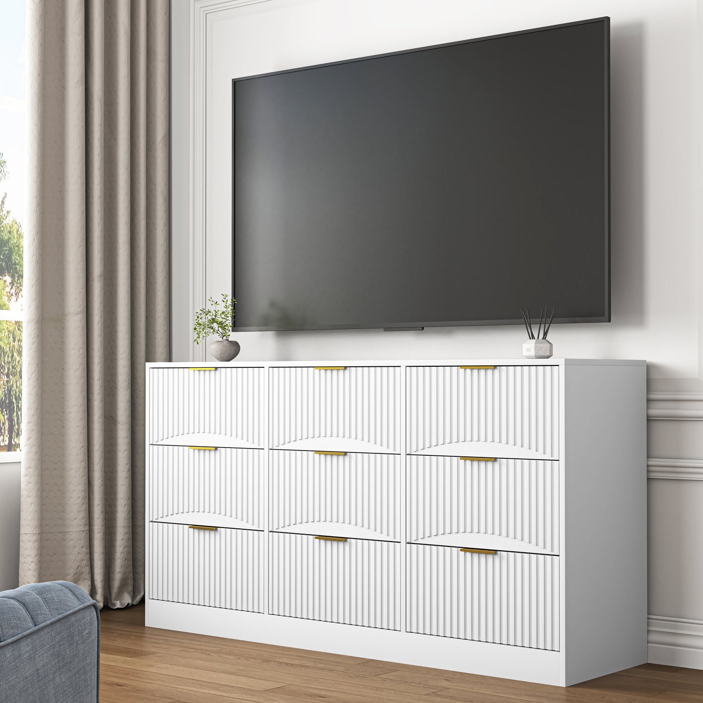 White 9 Drawer Dresser, 63" Large Deep Chest of Drawers, Wooden Dresser Storage Cabinet with 9 Drawers for Bedroom, Long Dressers for Living Room, Hallway, Drawer panel with wavy patterns image 2