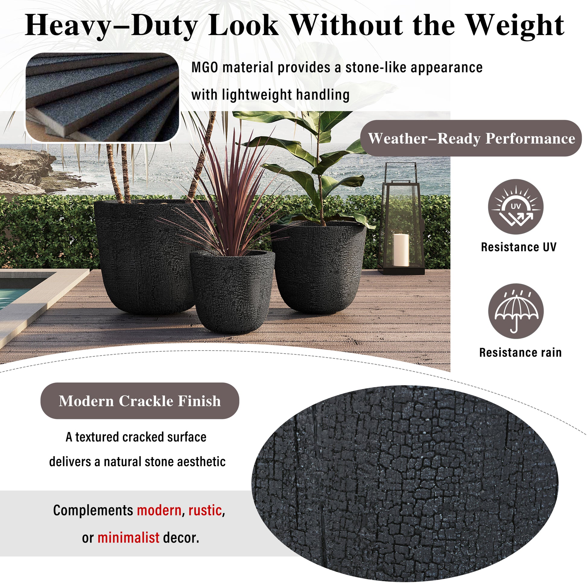 U_STYLE Lightweight MGO Planter Set of 3,16.93"+13.78"+11.02" Dia Round Concrete Stackable Flower Pots with Drainage Holes and Rubber Plug,Crackle Stone Texture for Patio Garden Balcony Indoor Outdoor image 6