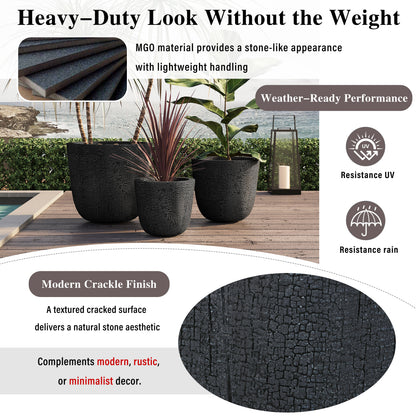 U_STYLE Lightweight MGO Planter Set of 3,16.93"+13.78"+11.02" Dia Round Concrete Stackable Flower Pots with Drainage Holes and Rubber Plug,Crackle Stone Texture for Patio Garden Balcony Indoor Outdoor image 6
