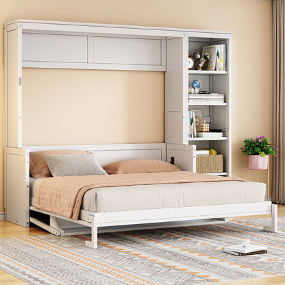 Queen Size Murphy Bed with Desk and Bookshelf, White image 2