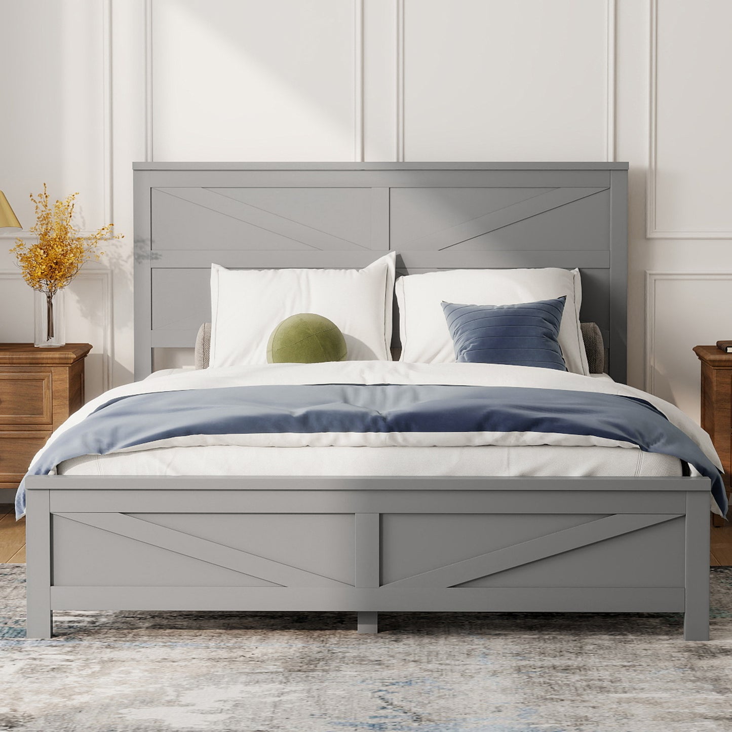 Farmhouse Style Queen Size Bed with Barn Door Designed Headboard and Footboard, Pinewood Bed with Strengthened Bed Frame,Grey image 1