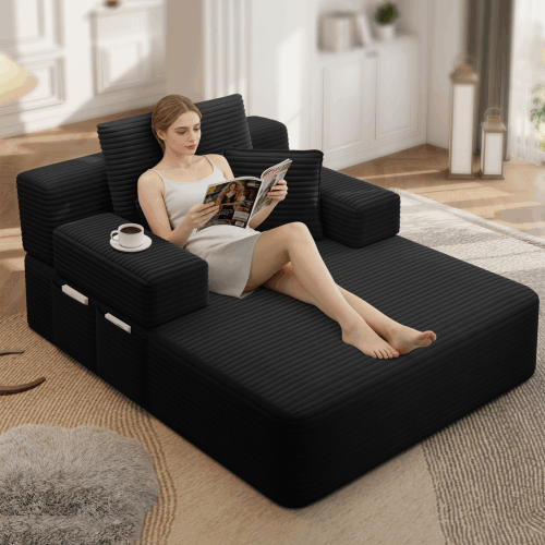Luxurious Plush Corduroy Chaise Lounge with 3 Pillows, Convertible Sofa Bed with Storage Pocket, Frameless Design & Compression Foam for Small Spaces, Living Room, Apartment,Black image 3