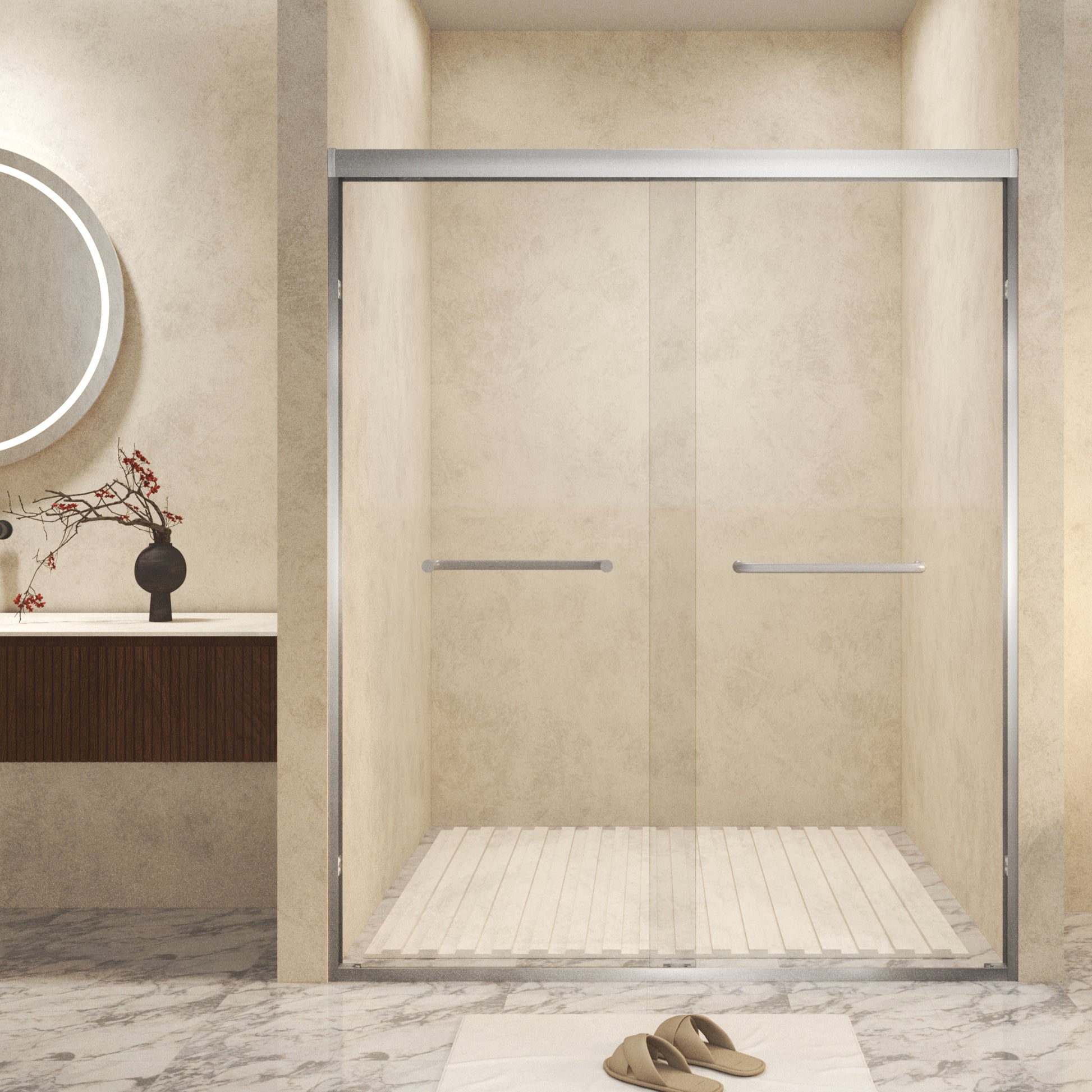 44-48" x 72" Tempered Glass with Explosion Proof Film, Aluminum Frame Double Sliding Shower Door, "1/4 (6 mm), Stainless Steel handle,Brushed Nickel image 1