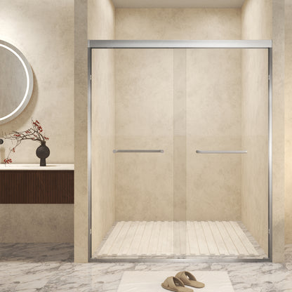 44-48" x 72" Tempered Glass with Explosion Proof Film, Aluminum Frame Double Sliding Shower Door, "1/4 (6 mm), Stainless Steel handle,Brushed Nickel image 1