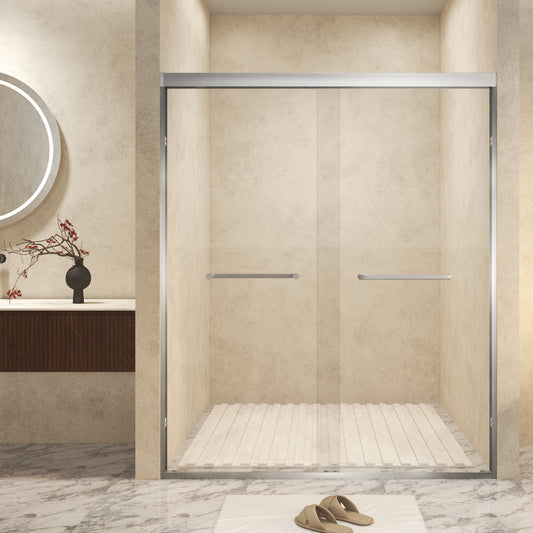 44-48" x 72" Tempered Glass with Explosion Proof Film, Aluminum Frame Double Sliding Shower Door, "1/4 (6 mm), Stainless Steel handle,Brushed Nickel image 1