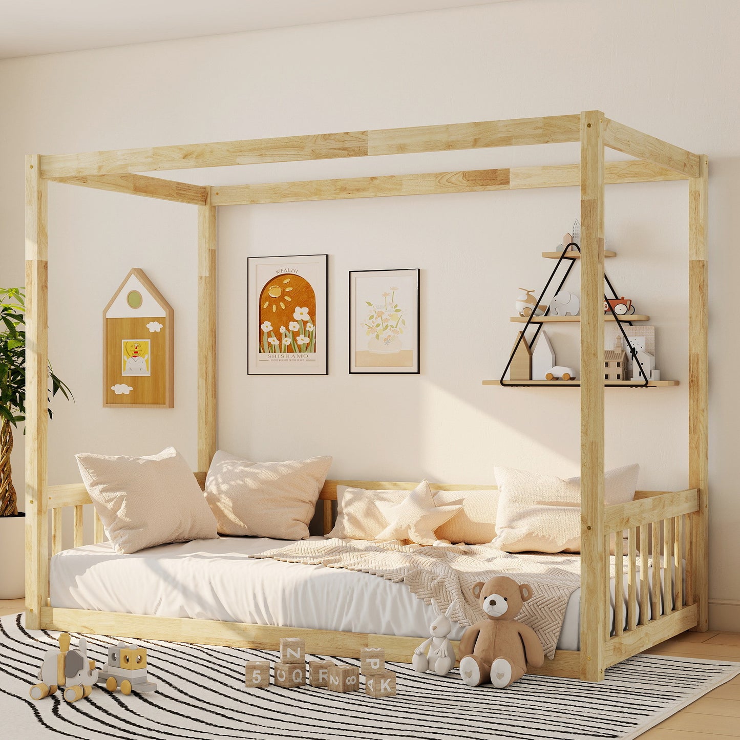 Twin Size Canopy Frame Floor Bed with Fence,Guardrails,Natural (Old Sku:W504P143279) image 9