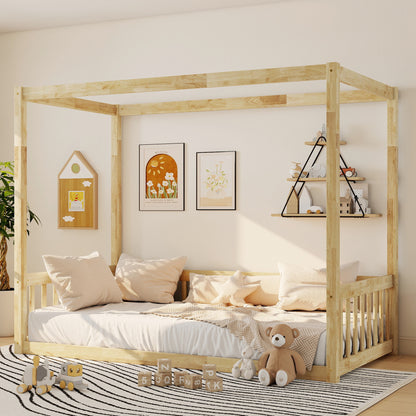 Twin Size Canopy Frame Floor Bed with Fence,Guardrails,Natural (Old Sku:W504P143279) image 9