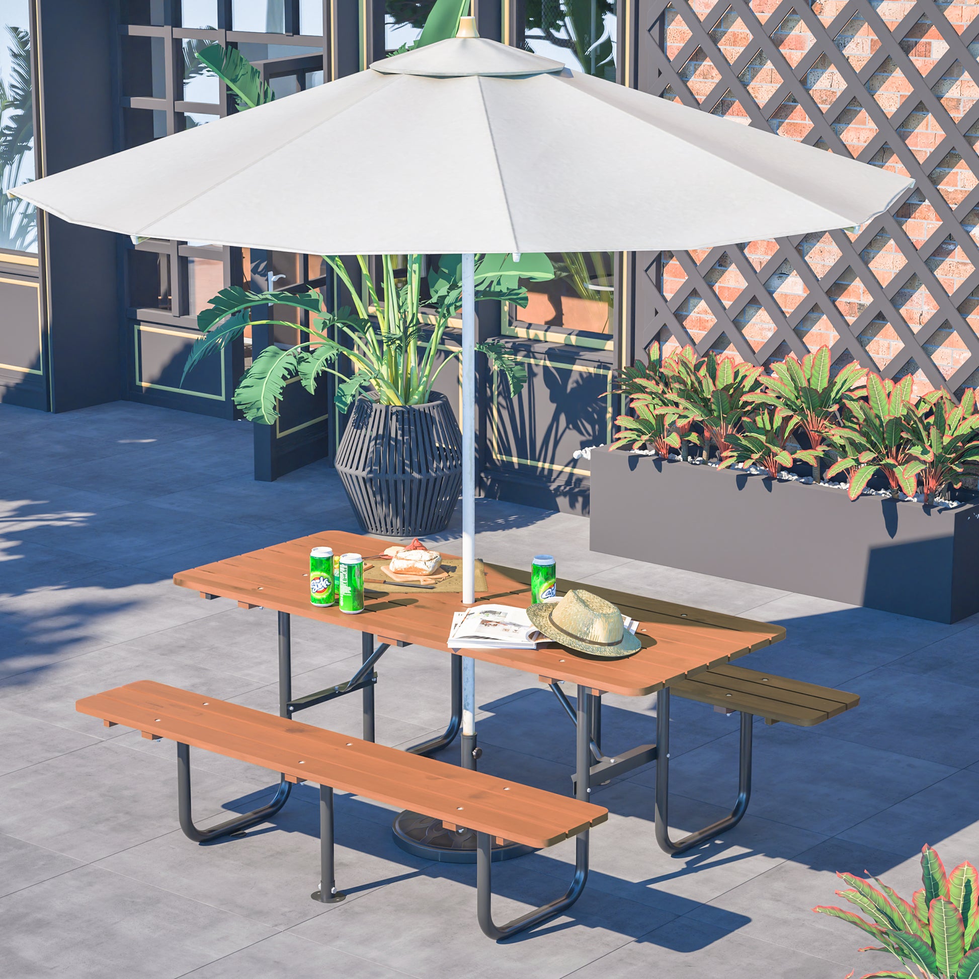 72" Rectangular Outdoor Picnic Table for 6 Person,Heavy Duty Wooden Dining Set with Built-in Benches, 1.97" Umbrella Hole, Waterproof&Corrosion-Resistant, Ideal for Garden, Backyard, BBQ,Courtyardfa image 7