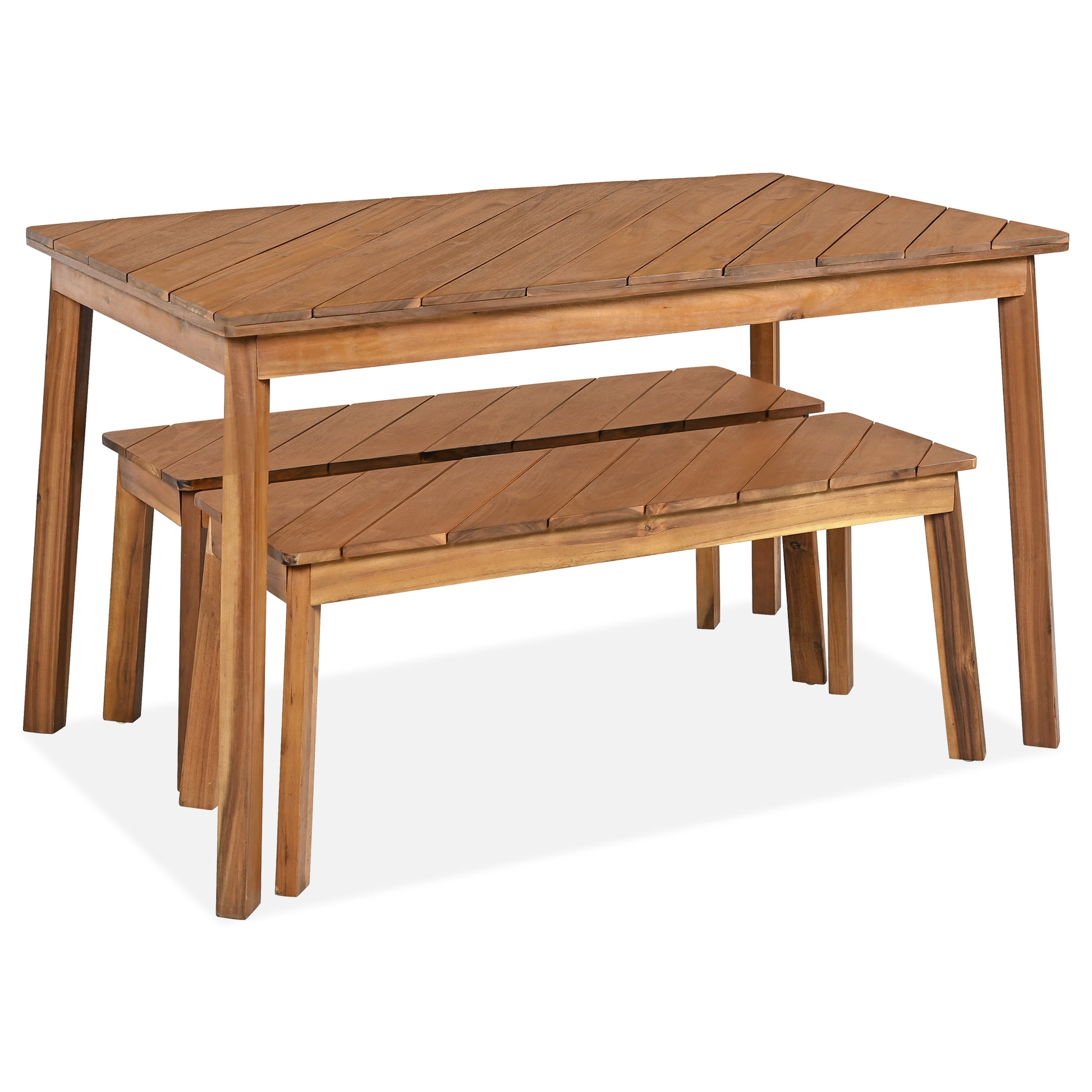 GO 3 Pieces Acacia Wood Table Bench Dining Set For Outdoor & Indoor Furniture With 2 Benches, Picnic Beer Table for Patio, Porch, Garden, Poolside, Natural image 6