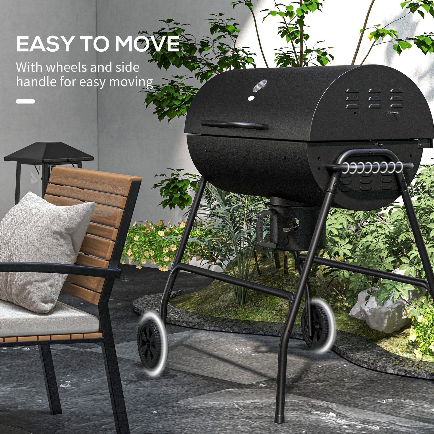 Outsunny Barrel Charcoal BBQ Grill with 420 sq.in. Cooking Area, Outdoor Barbecue with Wheels, Ash Catcher and Built-in Thermometer for Patio Picnic, Backyard Party, Black image 7