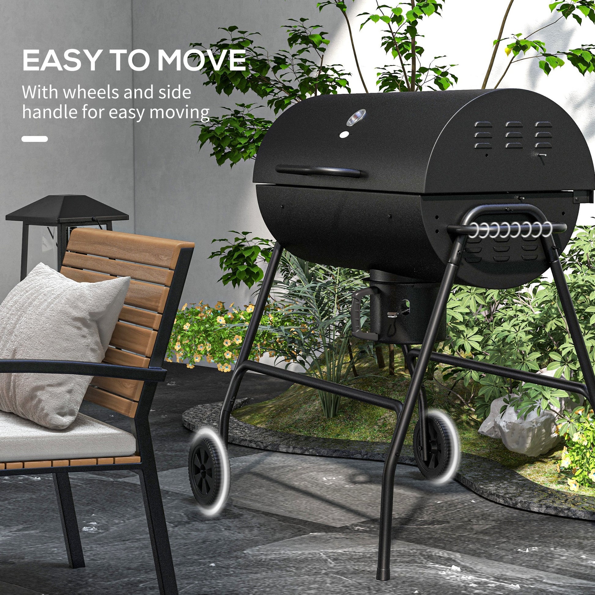 Outsunny Barrel Charcoal BBQ Grill with 420 sq.in. Cooking Area, Outdoor Barbecue with Wheels, Ash Catcher and Built-in Thermometer for Patio Picnic, Backyard Party, Black image 7