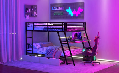 Full Size Metal Bunk Bed with Built-in Desk, Light and 2 Drawers, Black image 4