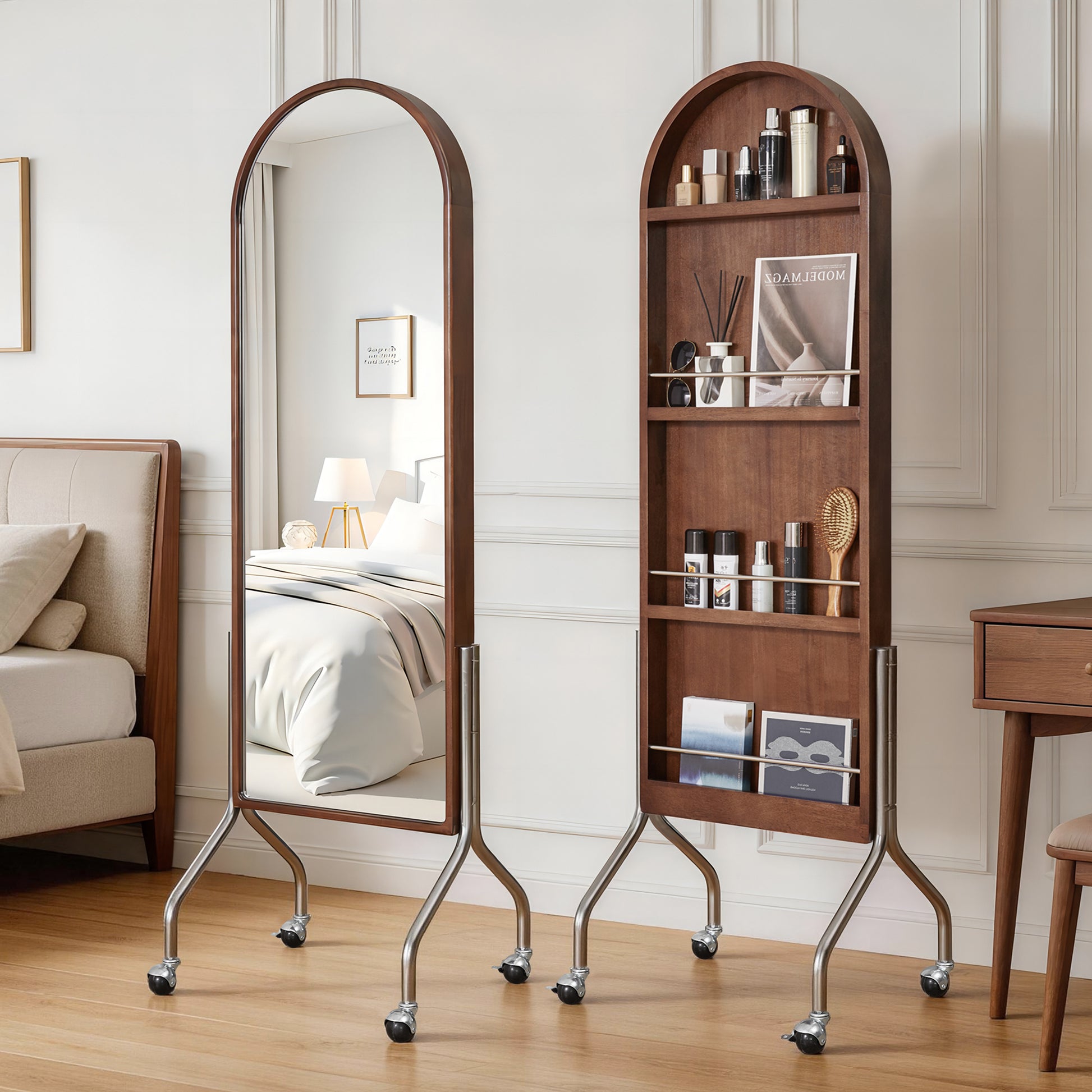 Arched Full Length Mirror with Storage Shelves & Wheels, Rubber Wood Frame Floor Mirror, Freestanding Rolling Mirror with Cart, 2-in-1 Dressing Mirror & Bookcase for Bedroom Living Room image 1