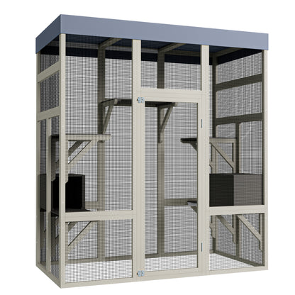 62.6" Wooden Catio for Cats, Large Cat Enclosure with Waterproof cover, 2 Napping House, Platforms & Galvanized Metal Wire – Secure Pet Cage Shelter image 4