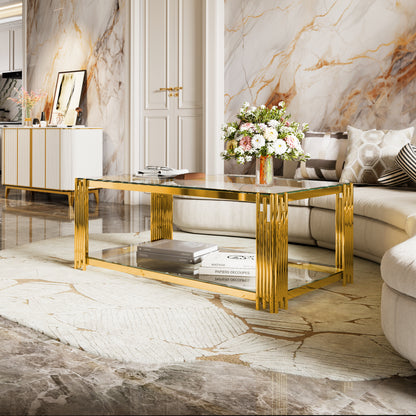 Modern Transparent Glass Coffee Table,Rectangle, Asymmetrical Metal, Gold Finish & Lower Shelf, 47.5" image 7