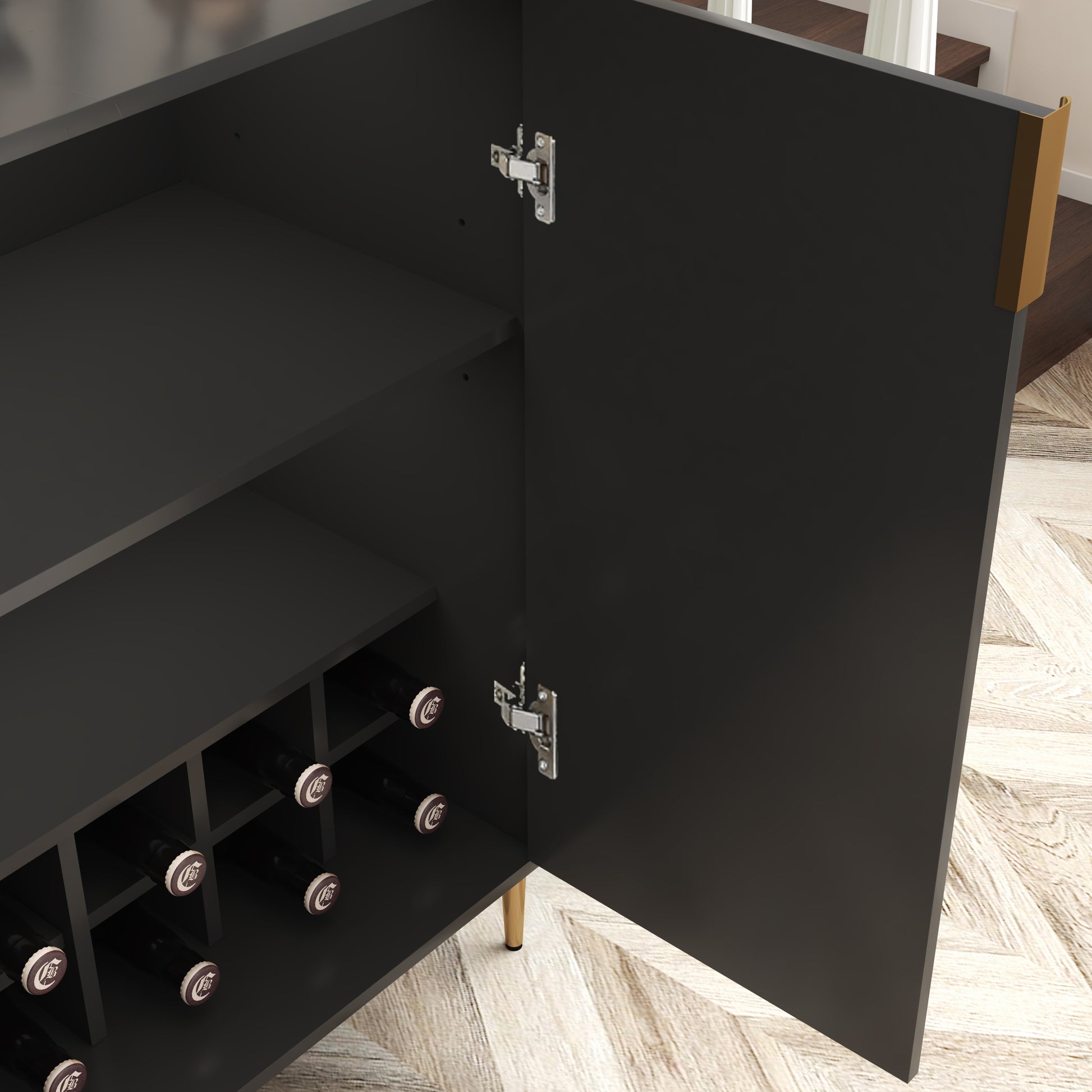 2 doors home wine bar cabinet with wine rack & adjustable storage shelf, modern sideboard with soft-closing hinge, dinning room buffet cabinet, Liquor Cabinet kitchen, living room coffee cart BLACK image 8