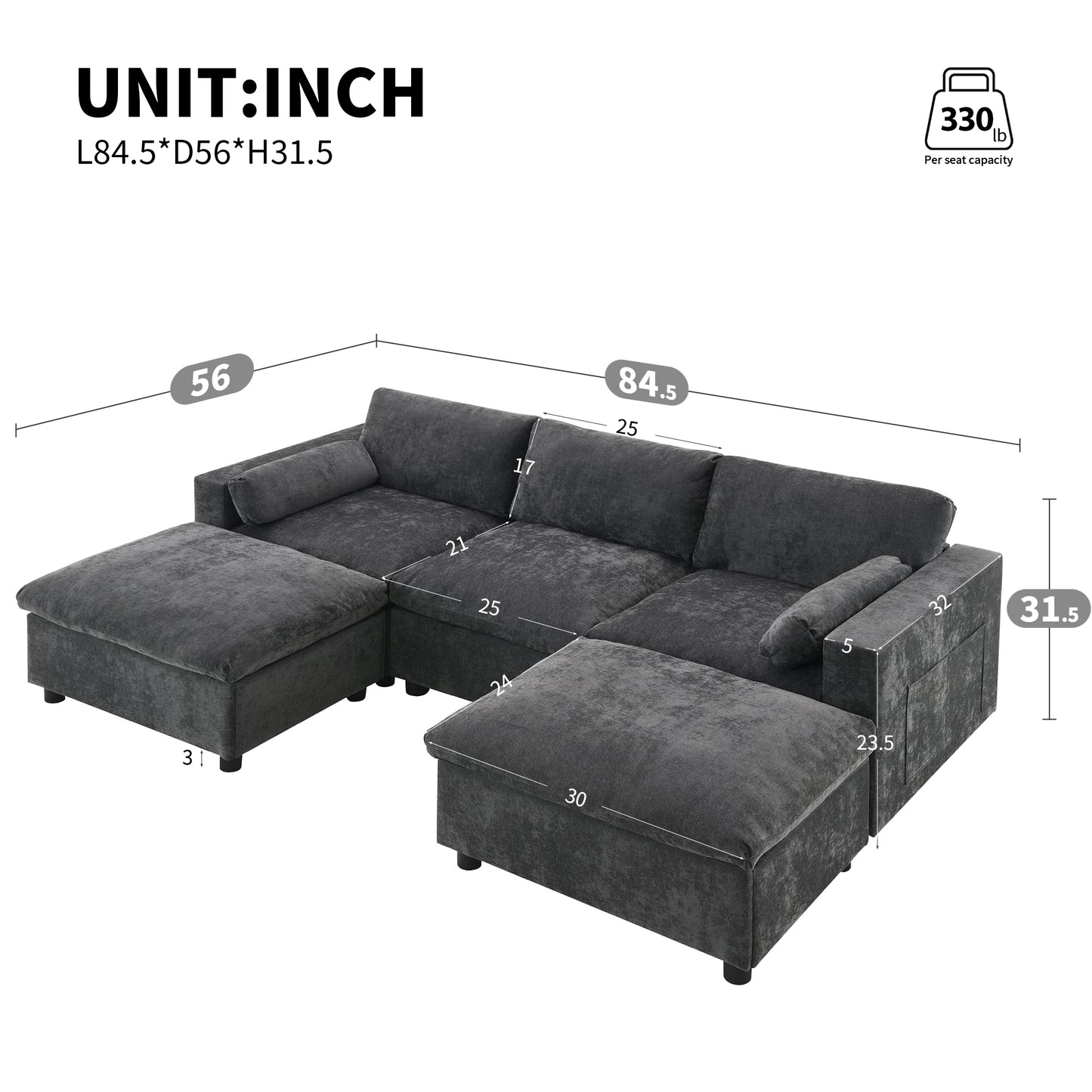[NEW SKU of N723S7723E]84.5'' Modular Sectional Sofa with Storage Pockets, 5 Seat U Shaped Chenille Couch Set with Pillows, Free Combination Modern Cloud Sofa with Movable Ottoman image 2
