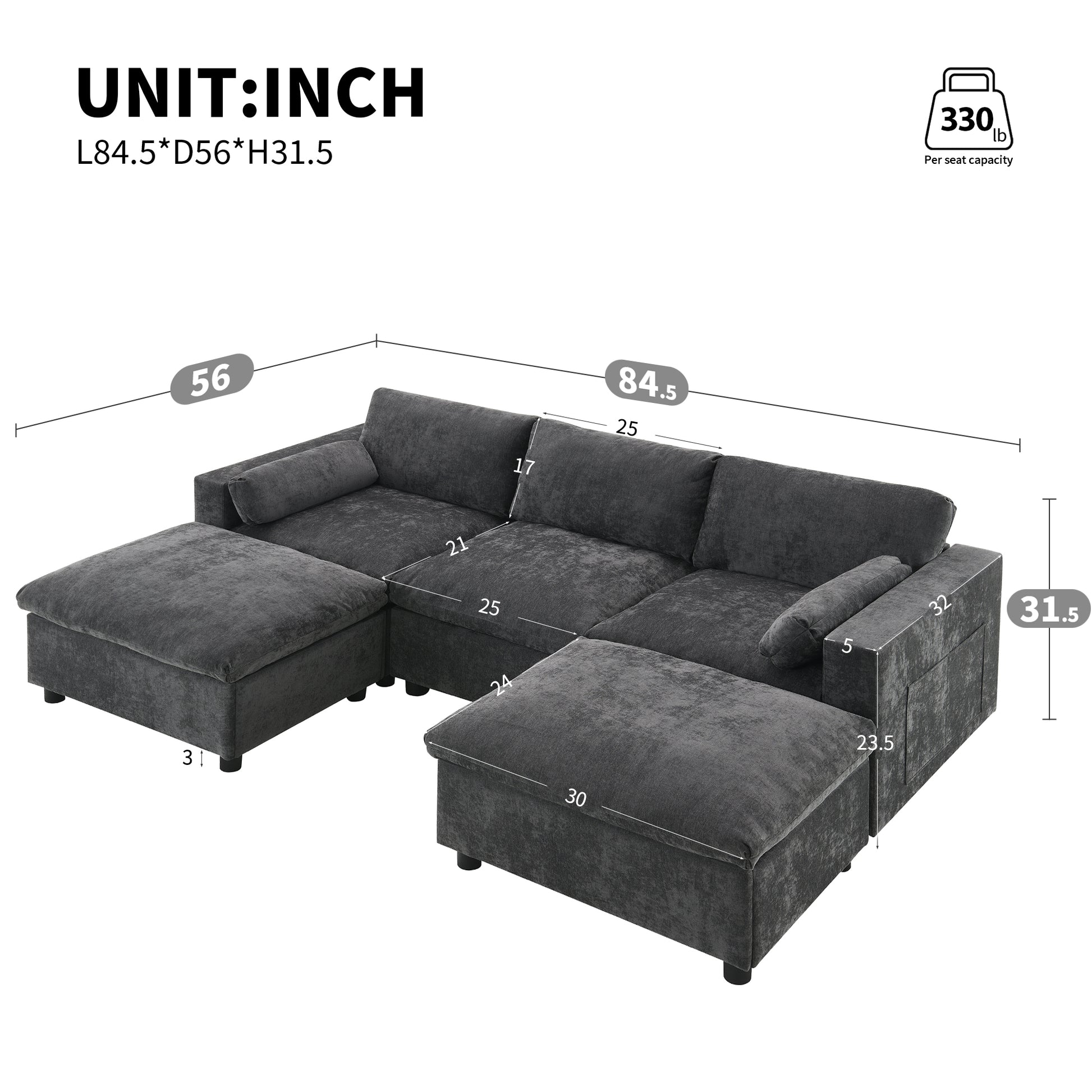 [NEW SKU of N723S7723E]84.5'' Modular Sectional Sofa with Storage Pockets, 5 Seat U Shaped Chenille Couch Set with Pillows, Free Combination Modern Cloud Sofa with Movable Ottoman image 2