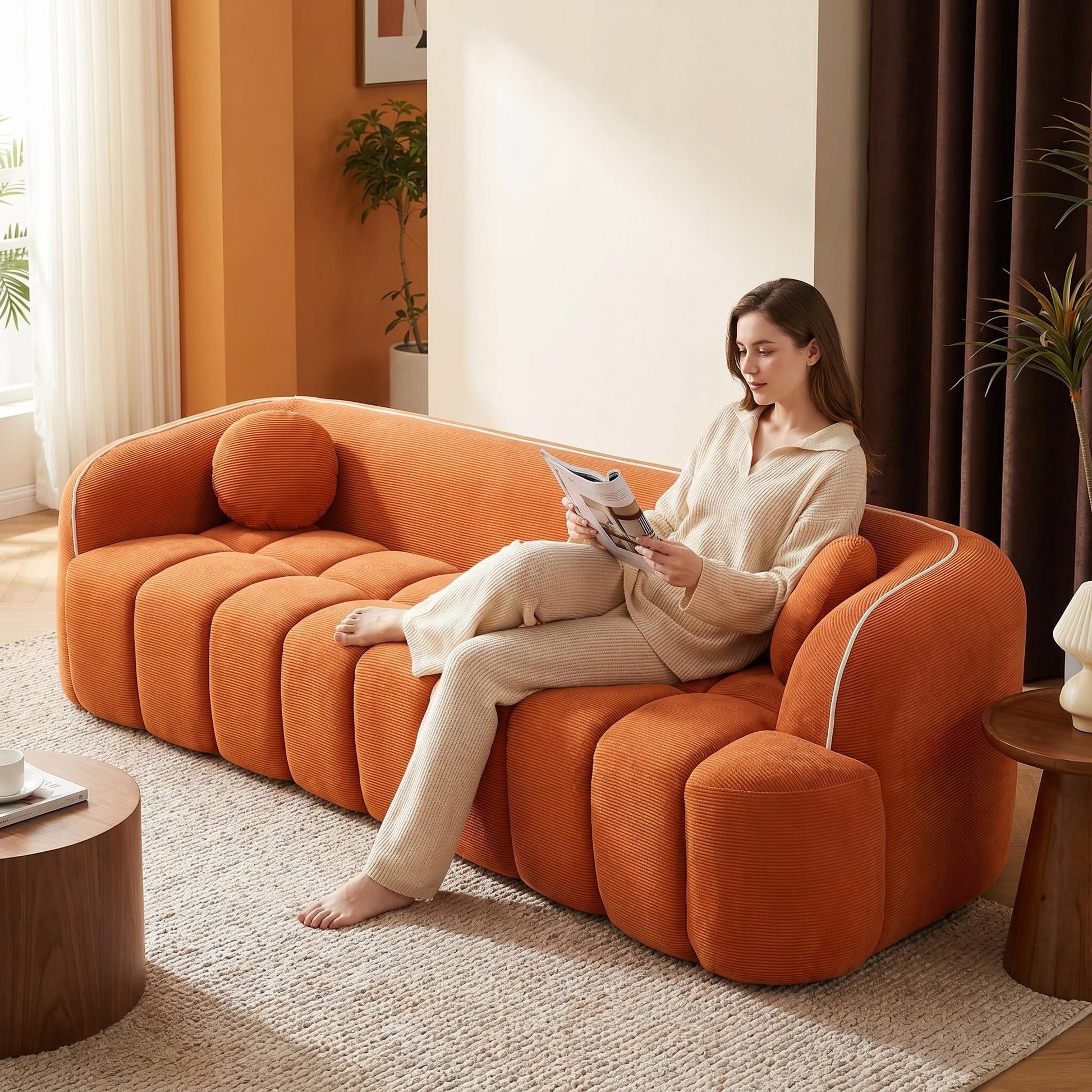 98.4" Modern Compressed Sofa, Cloud Couch 3-Seater Corduroy Sofa, No Assembly Required, Bubble Channel Tufted Couch with 2 Pillows, Comfy Deep Seat for Living Room, Apartment, Office image 1