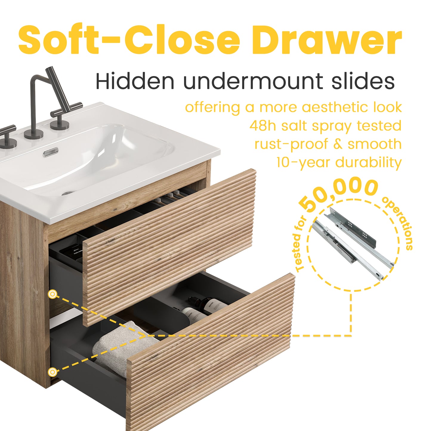 Gloria 24" Wall Mounted Rough Oak&Rough Oak Bathroom Vanity with Integrated Ceramic Sink with 3 holes, Overflow, Large Storage Floating Bathroom Vanity for Modern Bathroom, KD image 6