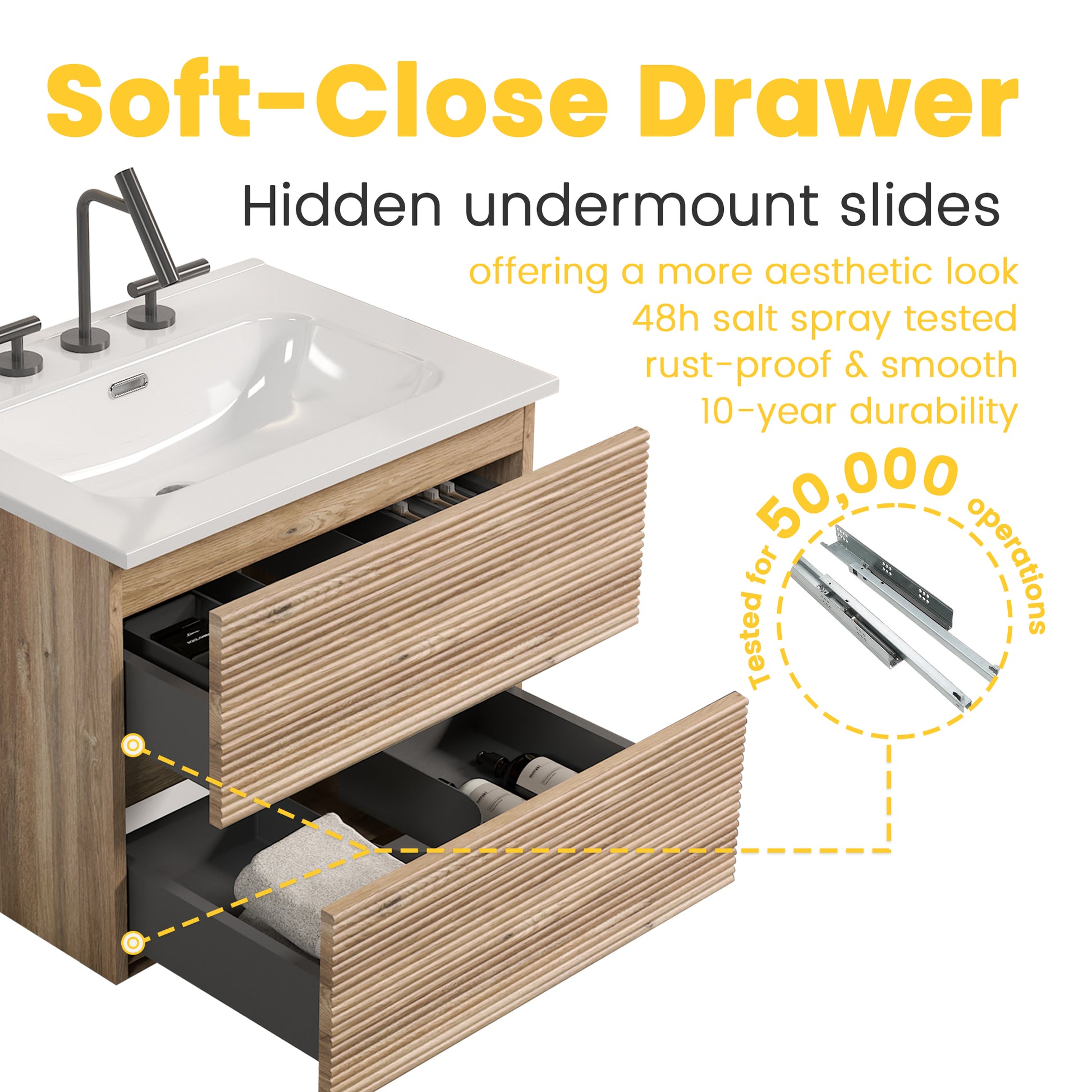 Gloria 24" Wall Mounted Rough Oak&Rough Oak Bathroom Vanity with Integrated Ceramic Sink with 3 holes, Overflow, Large Storage Floating Bathroom Vanity for Modern Bathroom, KD image 6