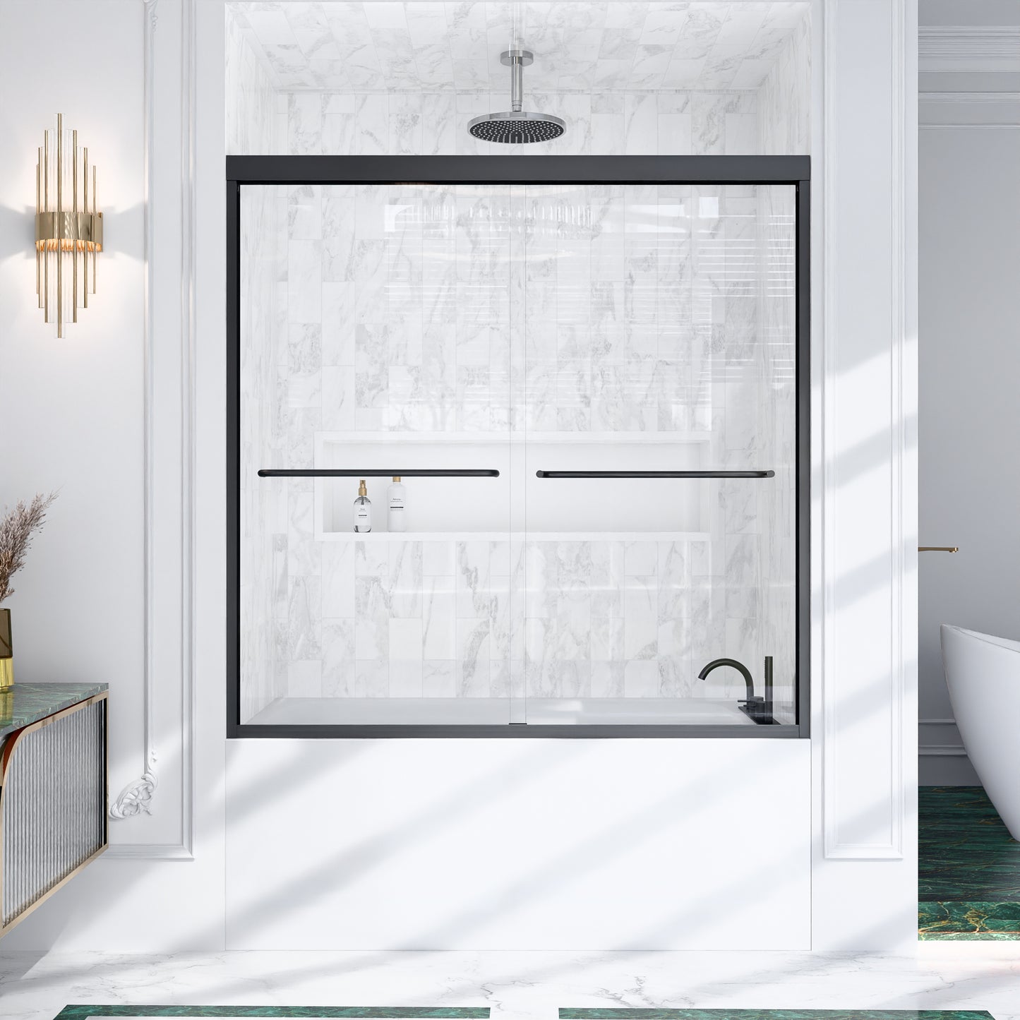56"-60"W*60" H Semi-Frameless Double Sliding Shower Door, Bypass Shower Door, 1/4" (6mm) Thick SGCC Tempered Glass Door, Matte Black image 3