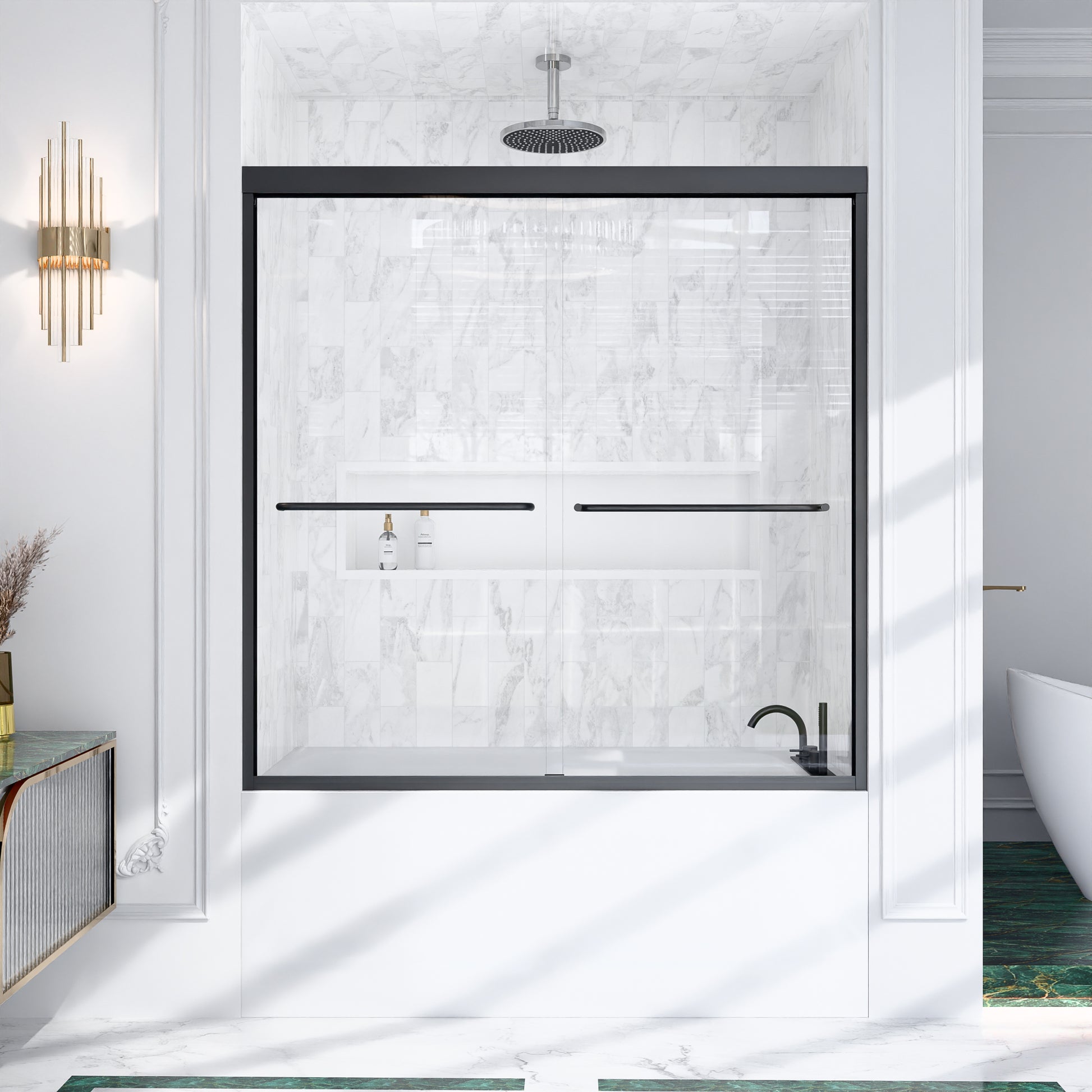 56"-60"W*60" H Semi-Frameless Double Sliding Shower Door, Bypass Shower Door, 1/4" (6mm) Thick SGCC Tempered Glass Door, Matte Black image 3