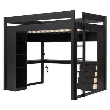 Full Size Solid Wood Loft Bed with L-Shaped Desk and 4 Drawers, Ash Veneer High Loft Bed with Smart APP Control LED Light Strip, USB Charging Ports and 4-Tier Open Shelves, Black image 6
