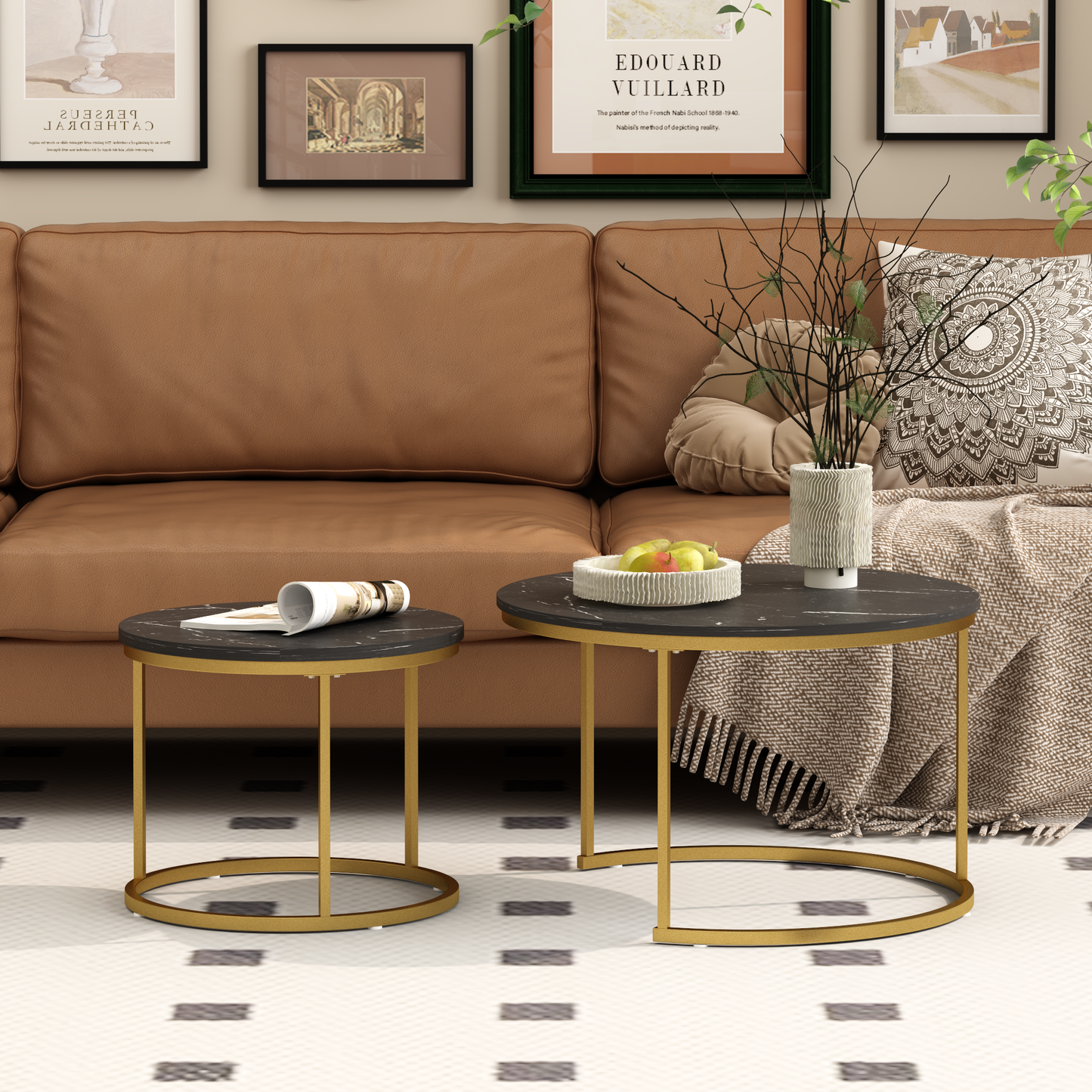 27.6in Nesting Coffee Table Set of 2, Round Coffee Table Wood Marble Pattern Top with Sturdy Metal Frame, End Table Side Tables for Living Room Bedroom Balcony Yard (Black) image 11