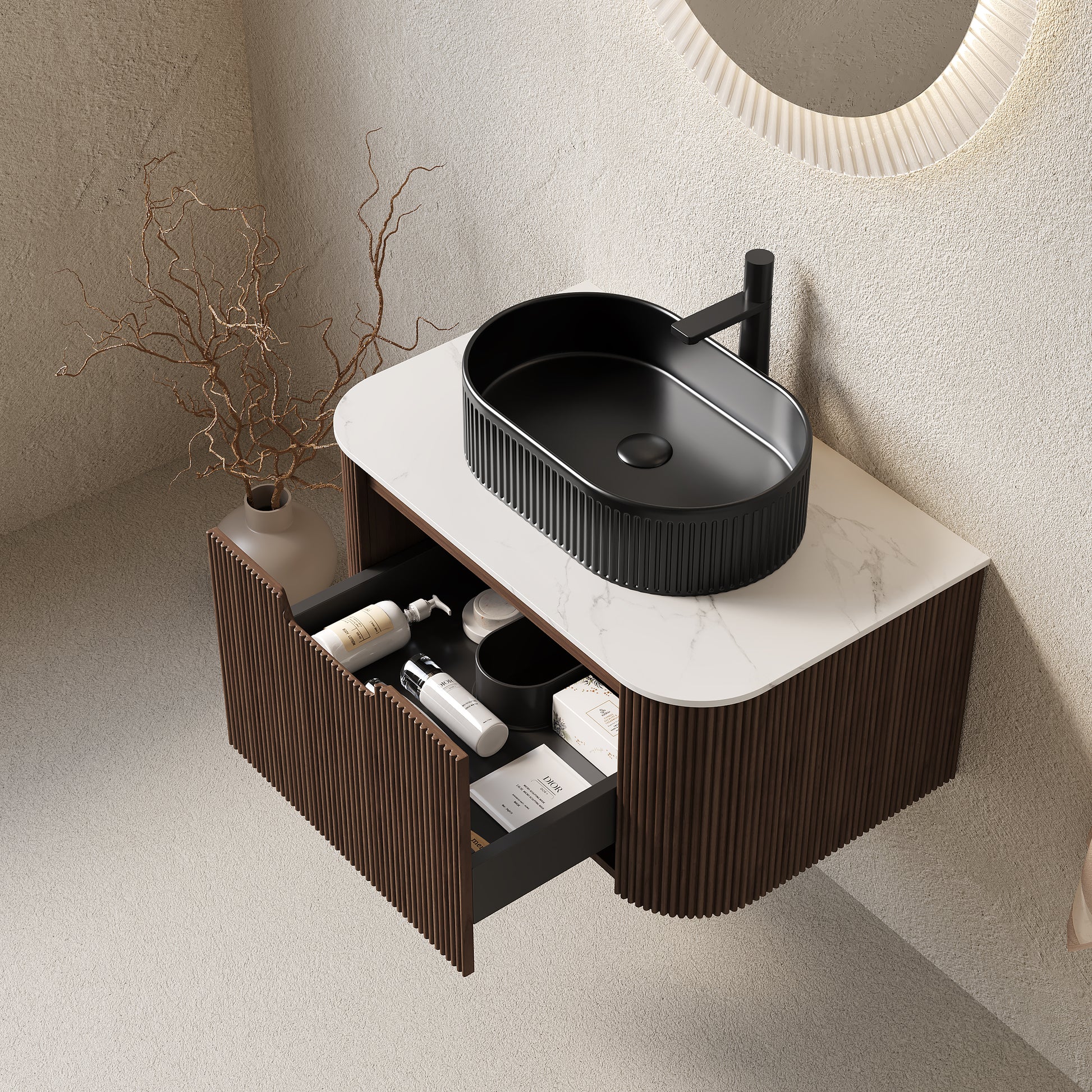 DINA 30" Bathroom Vanity with Sink, Modern Wall-Mounted Curved Edges Striped Bathroom Storage Cabinet with a Drawer, Black Ceramic Vessel Basin, NO Faucet, Pre-assembled, Dark Walnut Woodgrain Color image 2