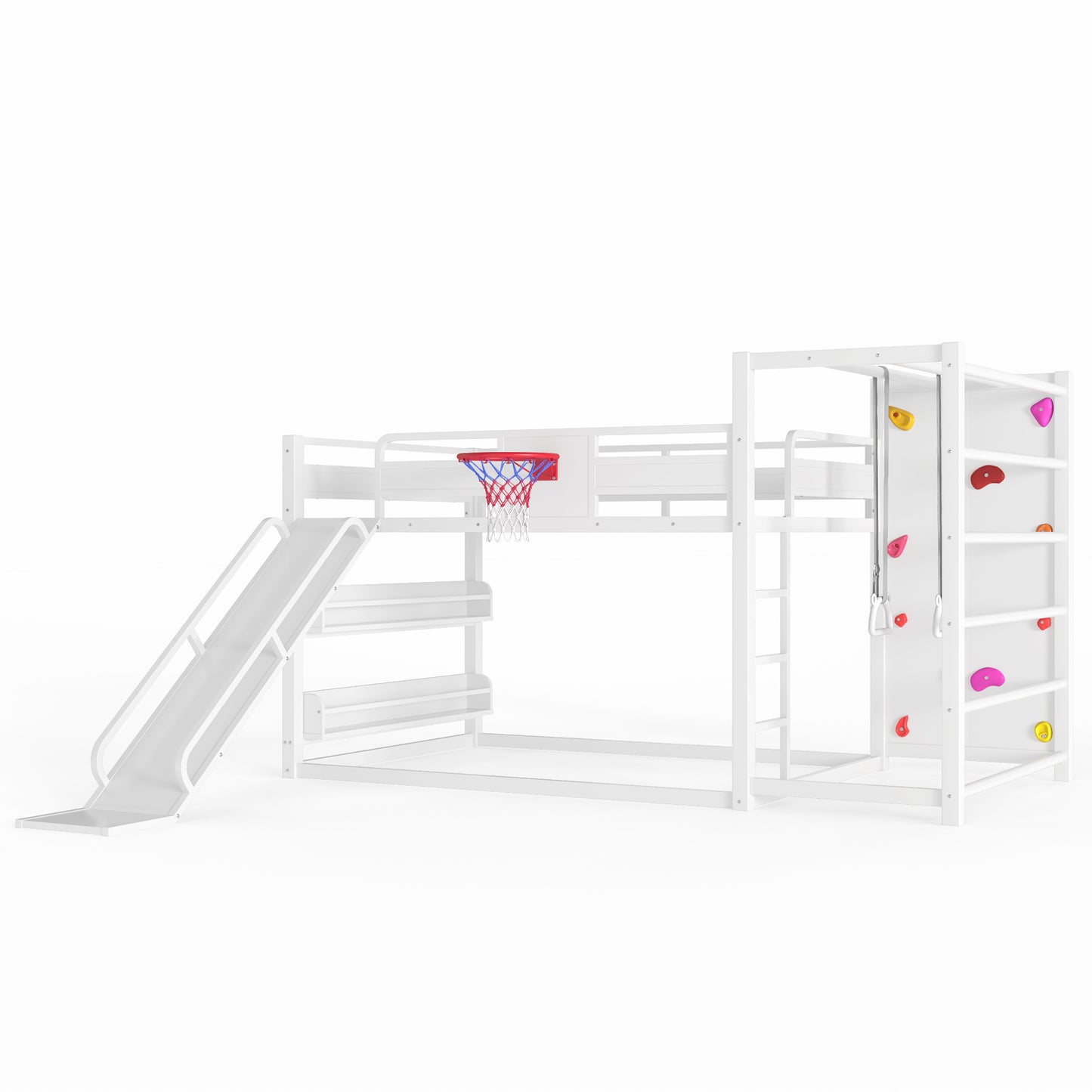 Full size metal loft bed with basketball hoop, pull-up rings, climbing wall, and built-in bookshelves. Playful children's design featuring a slide,White image 9