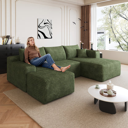 95" Cloud Sectional Sofa with 1 Ottoman,Modern Minimalist Upholstered Couches, Comfort U Shaped Sofa for Living Room,Deep Seat Corner Couch,No Assembly Required,Green((Plush Corduroy Fabric) image 4