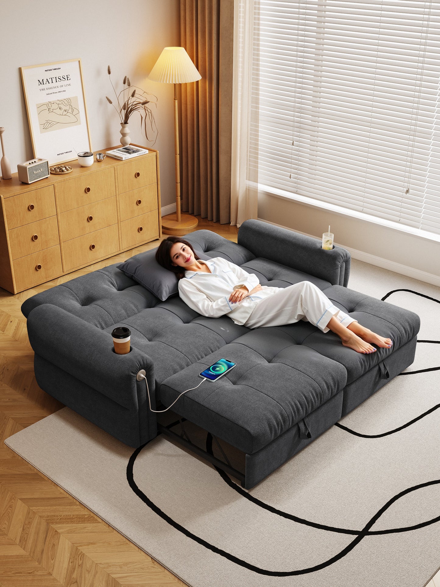 It is a multi-functional sofa, a 77-inch convertible sofa bed, and a 2-in-1 piece suitable for both sitting and lying down. Made of Chenille fabric, it is suitable for living rooms, bedrooms image 5