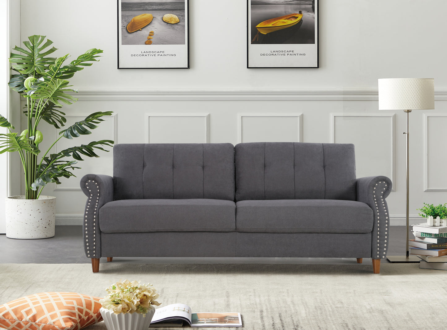 Transitional Button Tufted Loveseat Sofa, Rolled Arm with Nailhead Trim Polyester Fabric 3-Seater Couch, Solid Pine Frame Round Rubber Legs for Living Room, Multi Colors Option image 1