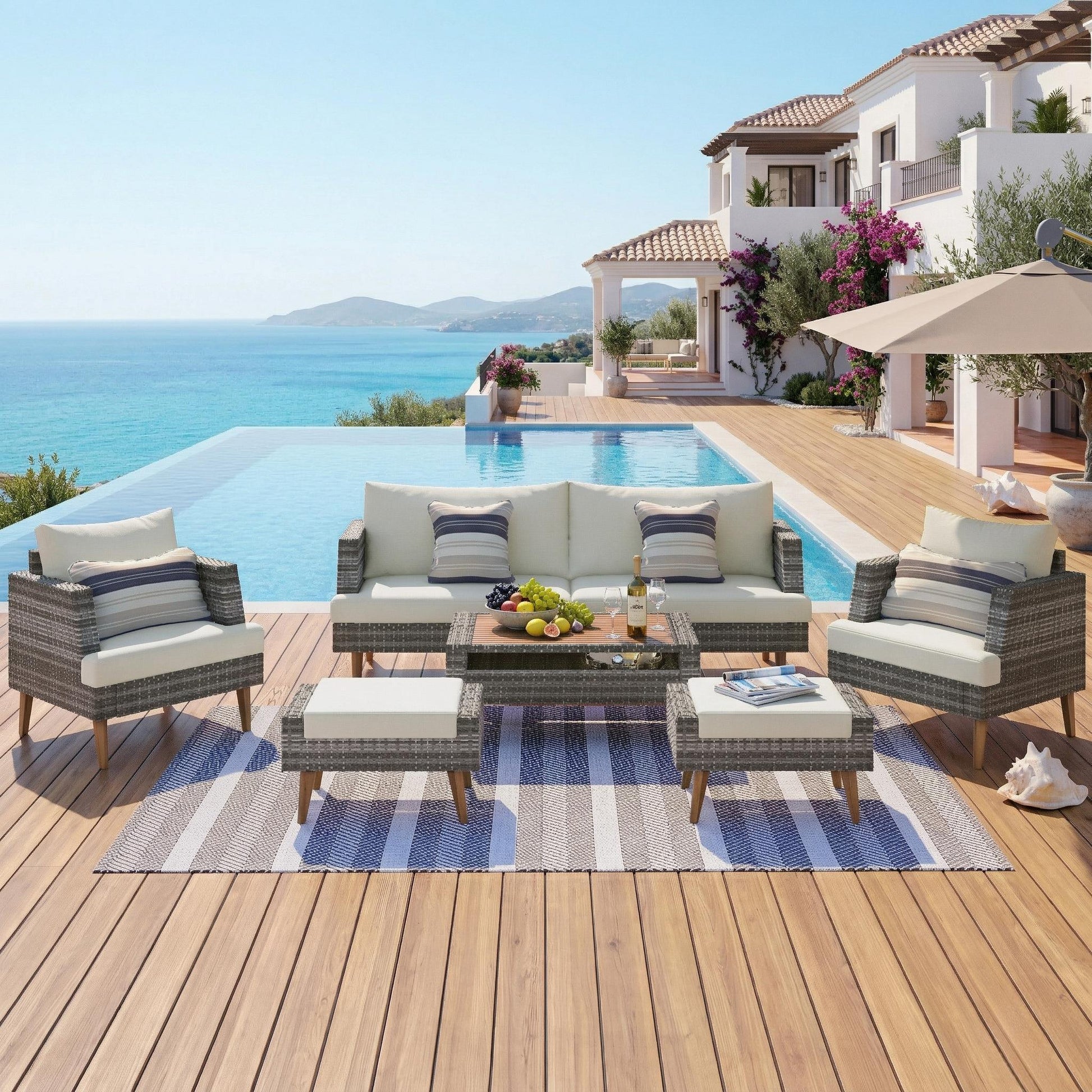 <Old SKU: FG201219AAA> 6-Pieces All Weather PE Wicker Sofa Set, Outdoor Rattan sofa With Double Cushions, Wood Legs Wood Table Top, Beige and Gray image 1