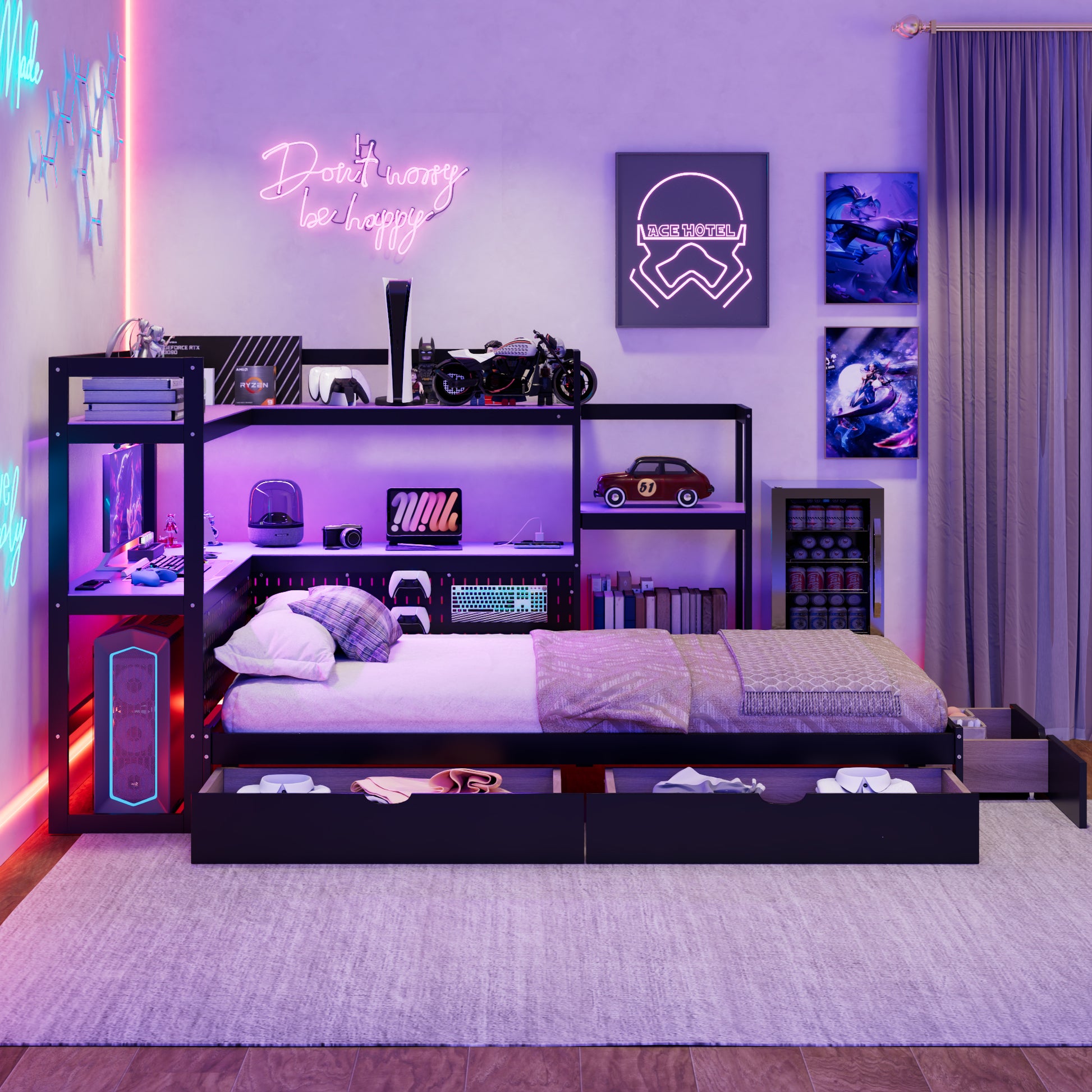 Twin Size Gaming Daybed with Integrated Desk and LED Light, Modern Wooden Bed Frame with 3 Storage Drawers and Built-in Charging Station, Multi-Functional Headboard Bookcase, Black+Purple image 9