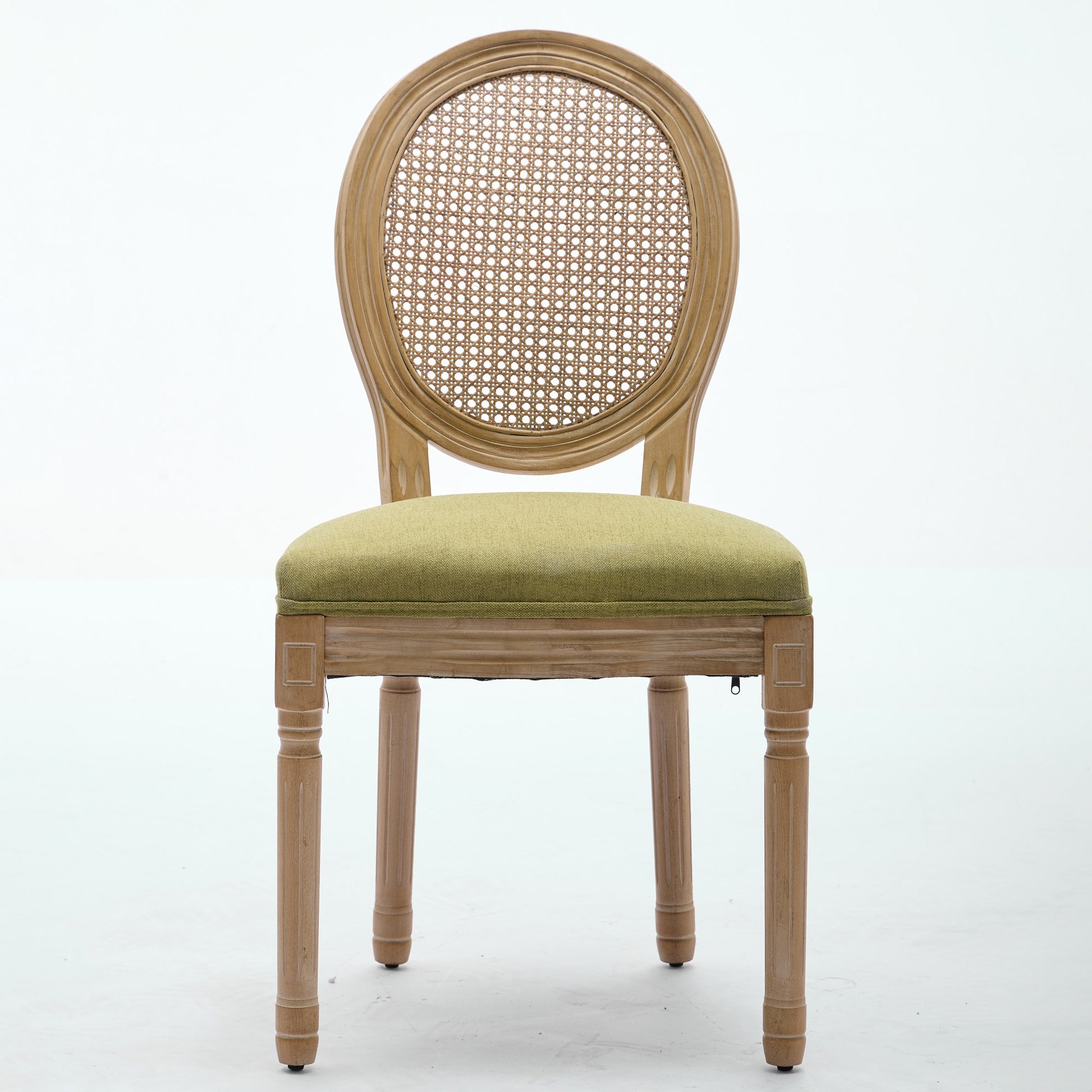 A&A Furniture,French Style Solid Wood Frame Antique Painting Linen Fabric Rattan Back Dining Chair,Set of 2,Olive-Green image 2