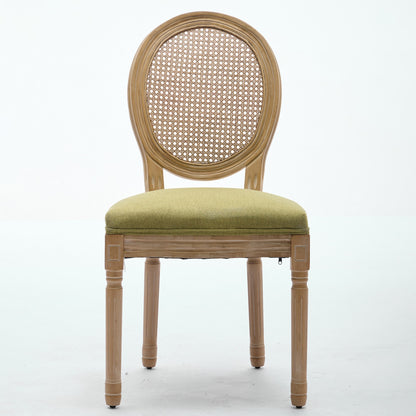 A&A Furniture,French Style Solid Wood Frame Antique Painting Linen Fabric Rattan Back Dining Chair,Set of 2,Olive-Green image 2