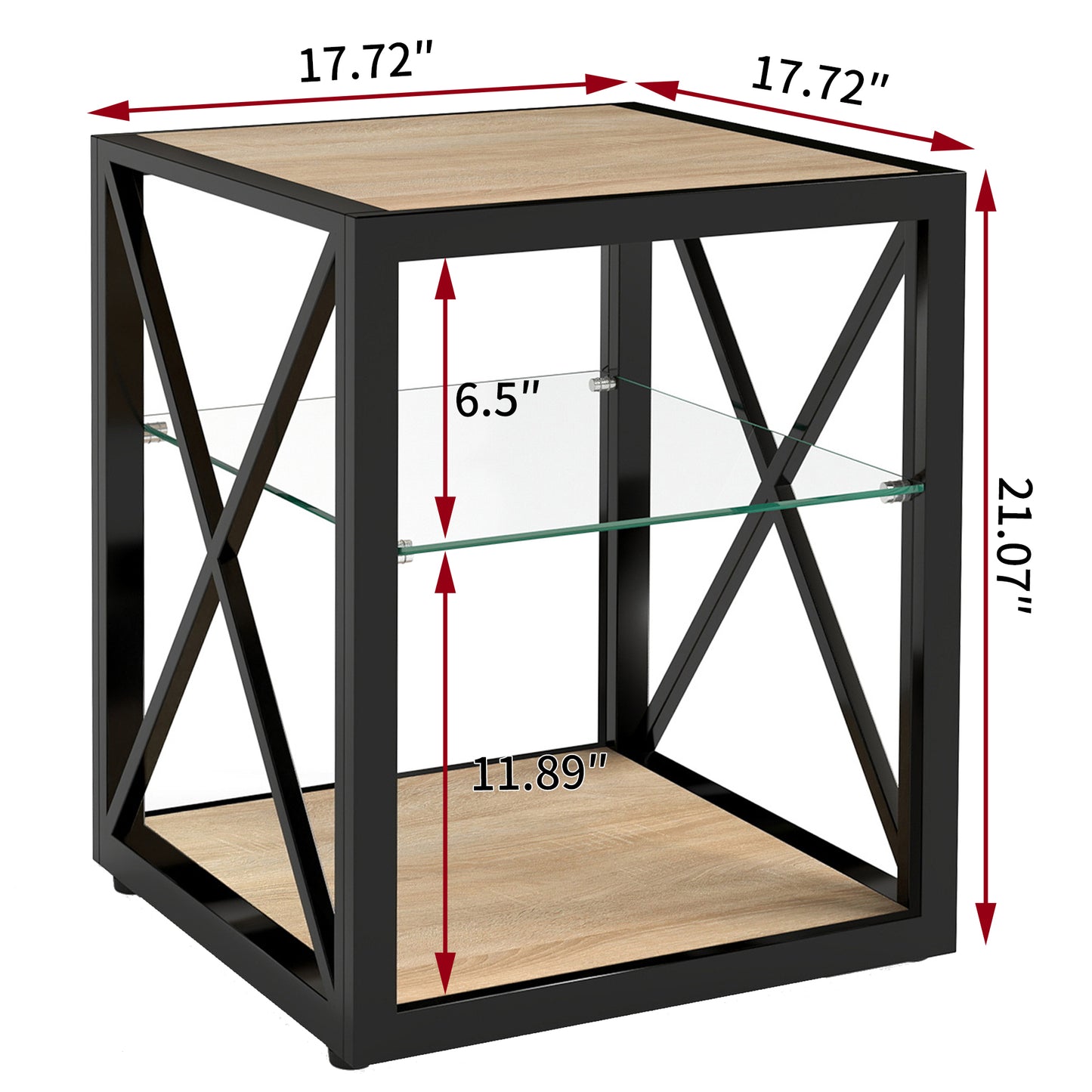 1 piece Modern End Table Nightstand for Bedroom & Living Room, Tempered Glass&Natural Wood MDF Top, Industrial Style Side Table image 6