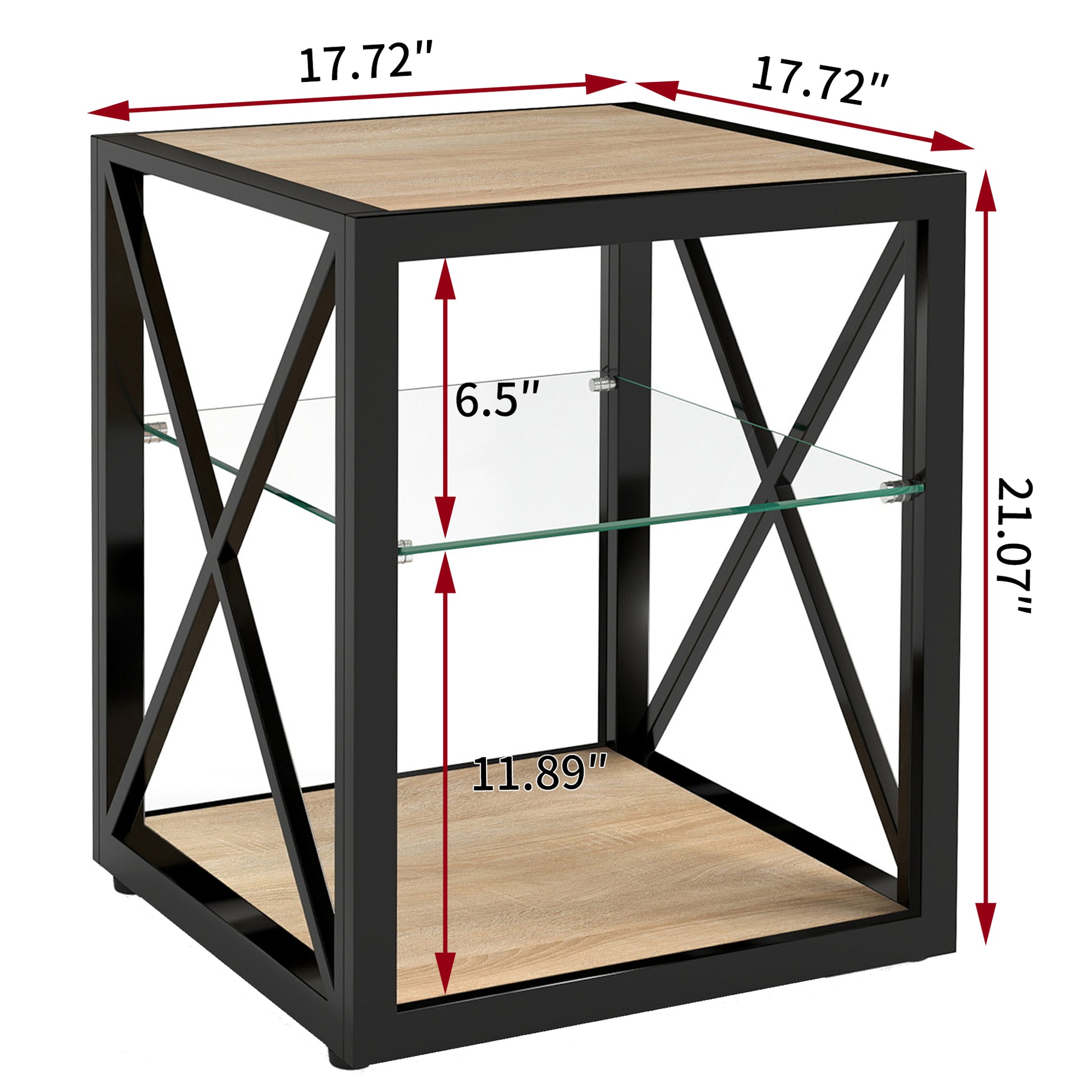 1 piece Modern End Table Nightstand for Bedroom & Living Room, Tempered Glass&Natural Wood MDF Top, Industrial Style Side Table image 6