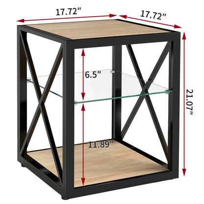1 piece Modern End Table Nightstand for Bedroom & Living Room, Tempered Glass&Natural Wood MDF Top, Industrial Style Side Table image 6