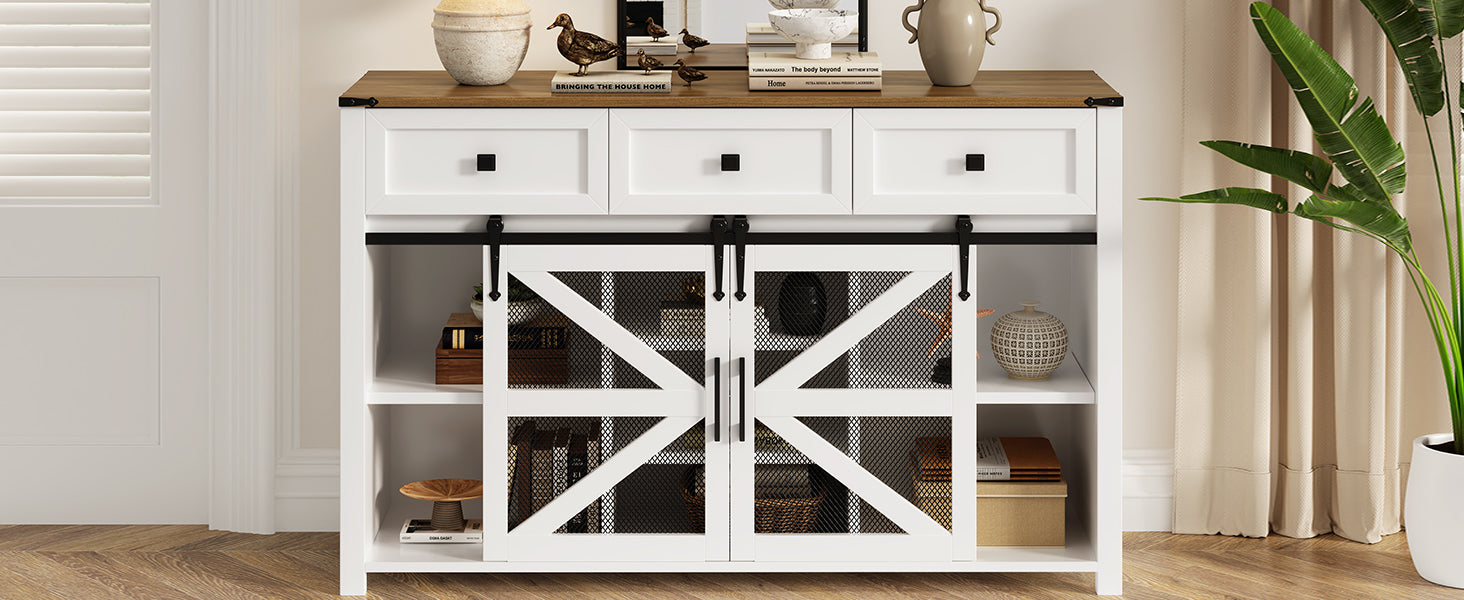 U_Style 55'' Sliding Barn Door Sideboard Buffet Cabinet with 3 Drawers, Adjustable Shelves, Metal Mesh & Particleboard Doors, Aluminum Handles, Industrial Storage for Living or Dining Room image 9