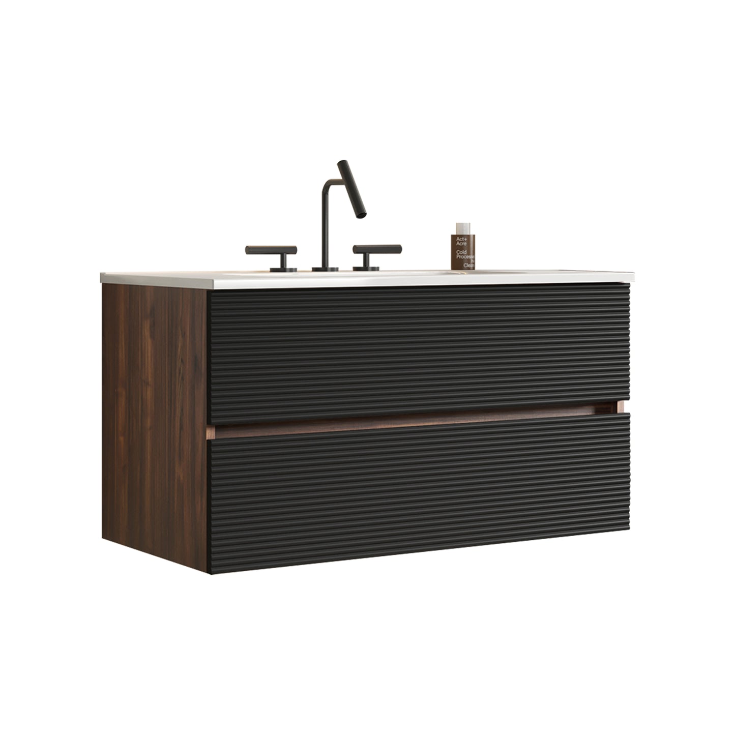 Gloria 36" Wall Mounted Soft Black & Walnut Bathroom Vanity with Integrated Ceramic Sink with 3 holes, with Overflow, Large Storage Floating Bathroom Vanity for Modern Bathroom, KD image 8