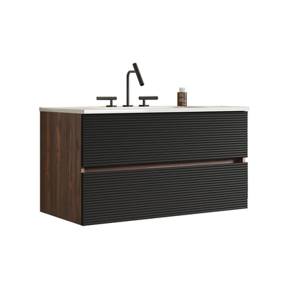 Gloria 36" Wall Mounted Soft Black & Walnut Bathroom Vanity with Integrated Ceramic Sink with 3 holes, with Overflow, Large Storage Floating Bathroom Vanity for Modern Bathroom, KD image 8
