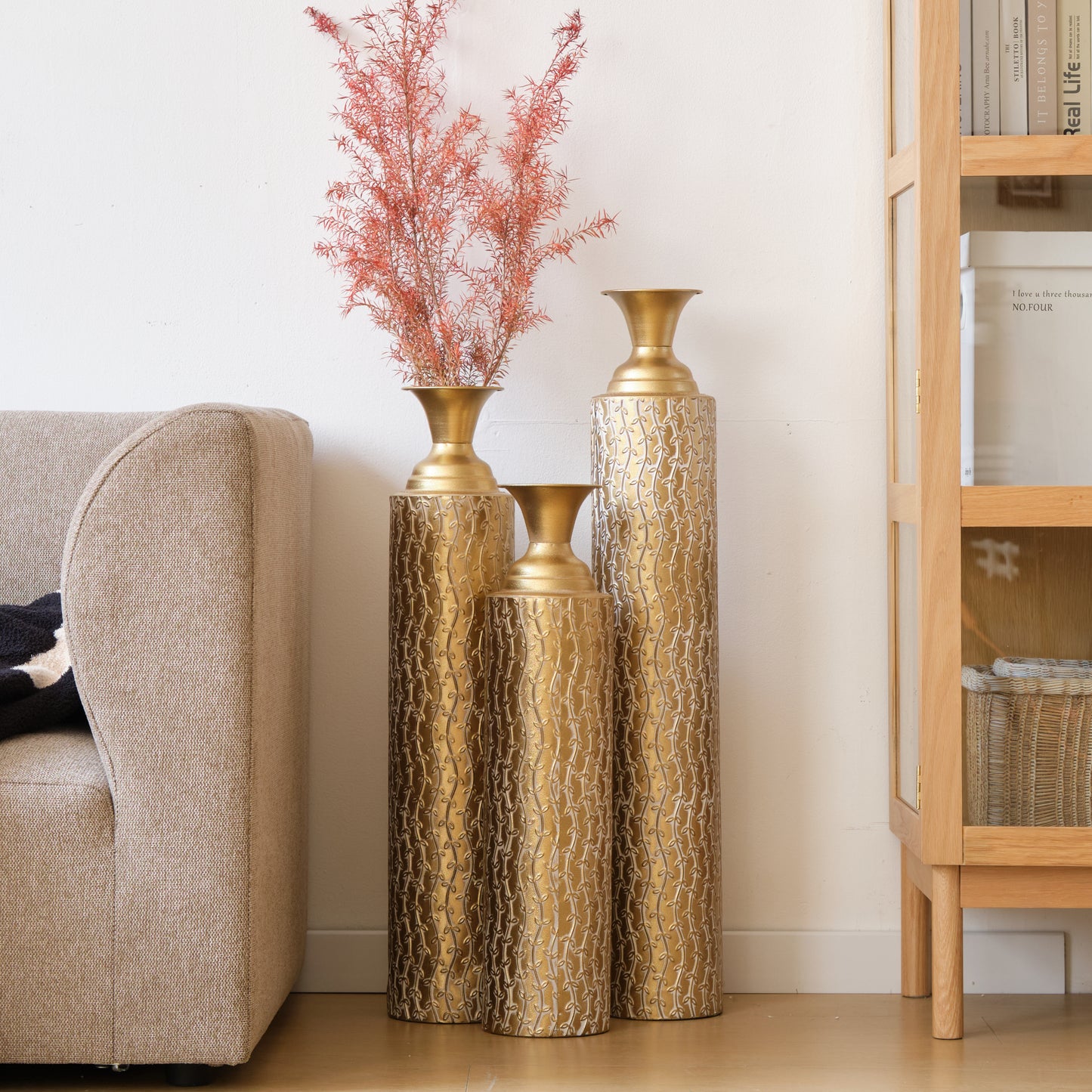 Metal decorative vases High distress metal center vases with growing vine patterns, set of 3 vases for home decoration 34 ", 29 ", 25 "H, gold image 2