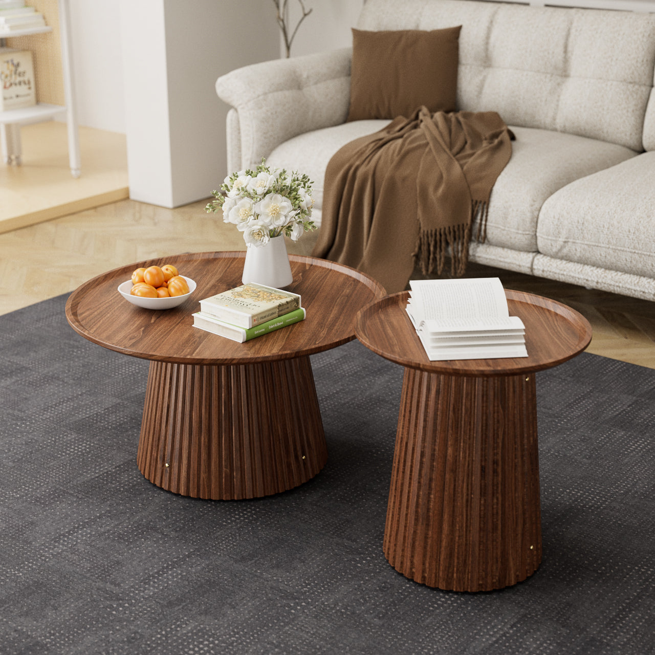 Round Coffee Table Set of 2, Large & Small Wooden Center & Side Tables, Modern Walnut Finish for Living Room & Office image 7