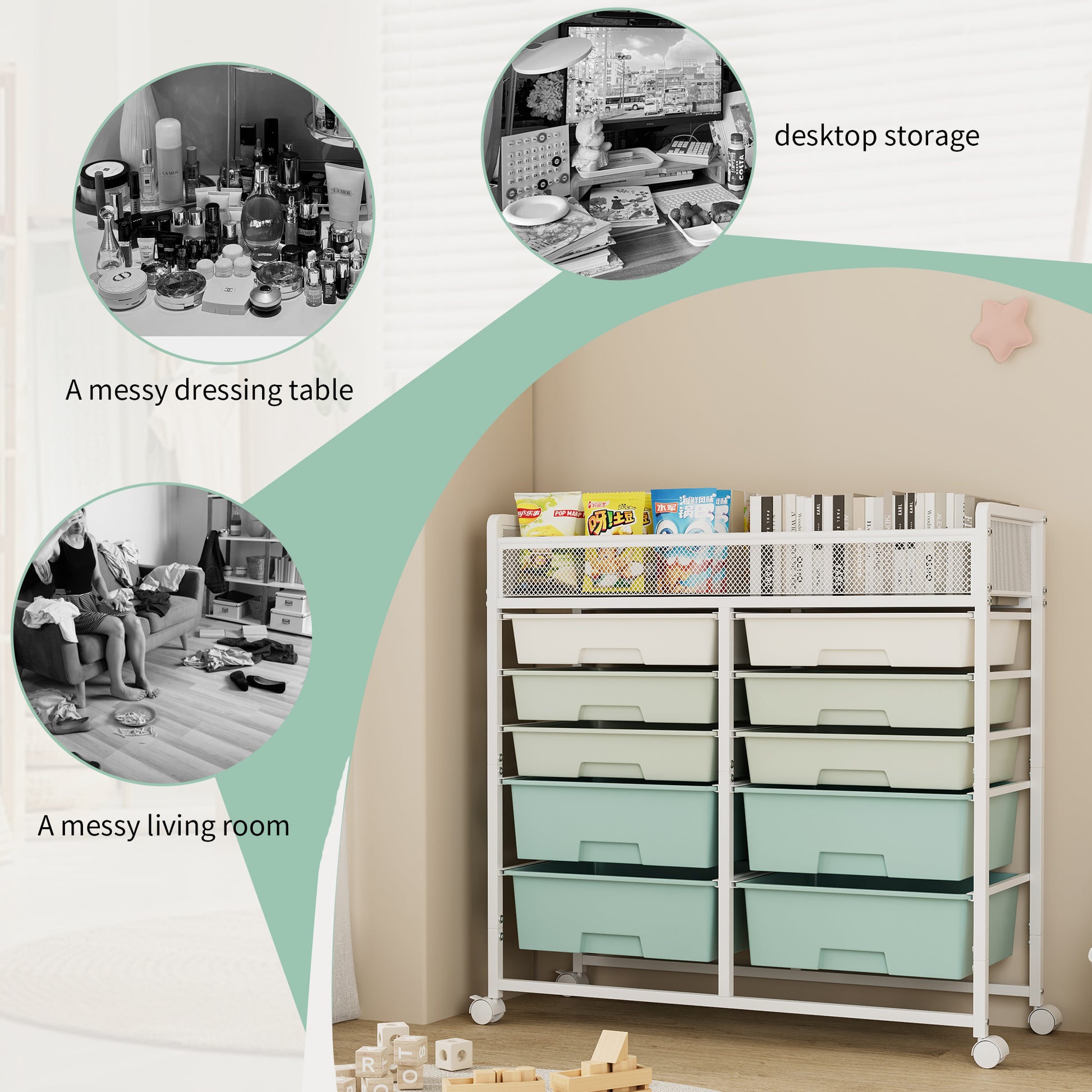 White Large Capacity 2-Row 10-Drawer Rolling Storage Cart, Metal Mesh Top Utility Organizer with Wheels, Multi-Layer Plastic Drawers for Kitchen, Bathroom, Bedroom, Office image 6